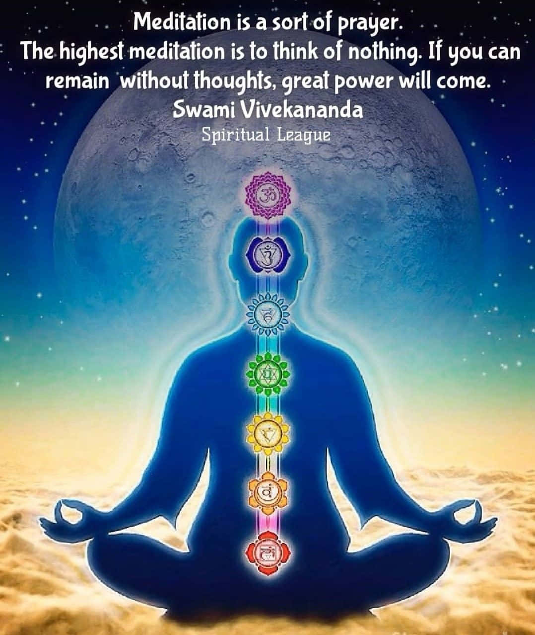 spiritual meditation, glowing chakras, cosmic moon, SD Phone Wallpaper