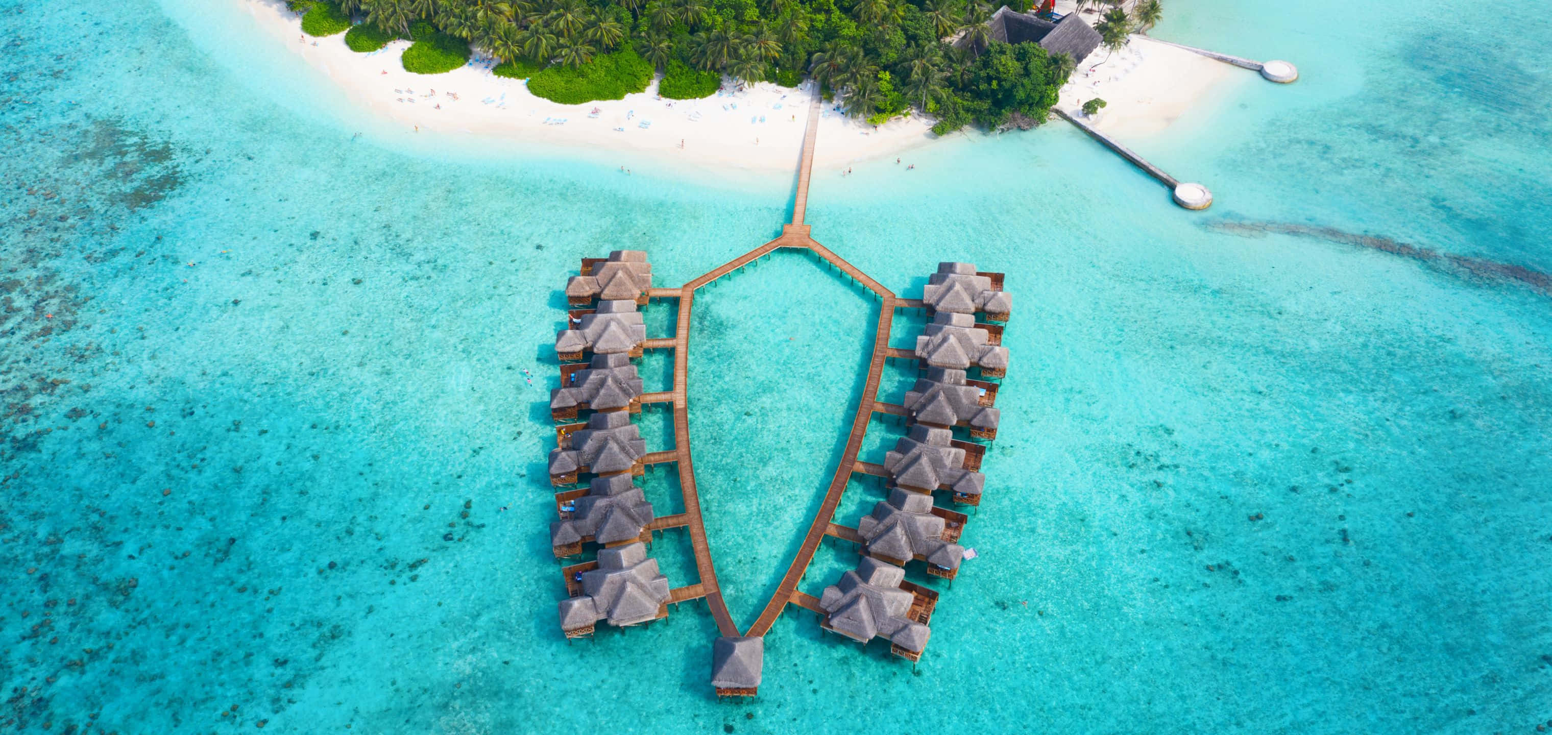3040x1440, overwater bungalows, turquoise waters, 2K Desktop Wallpaper