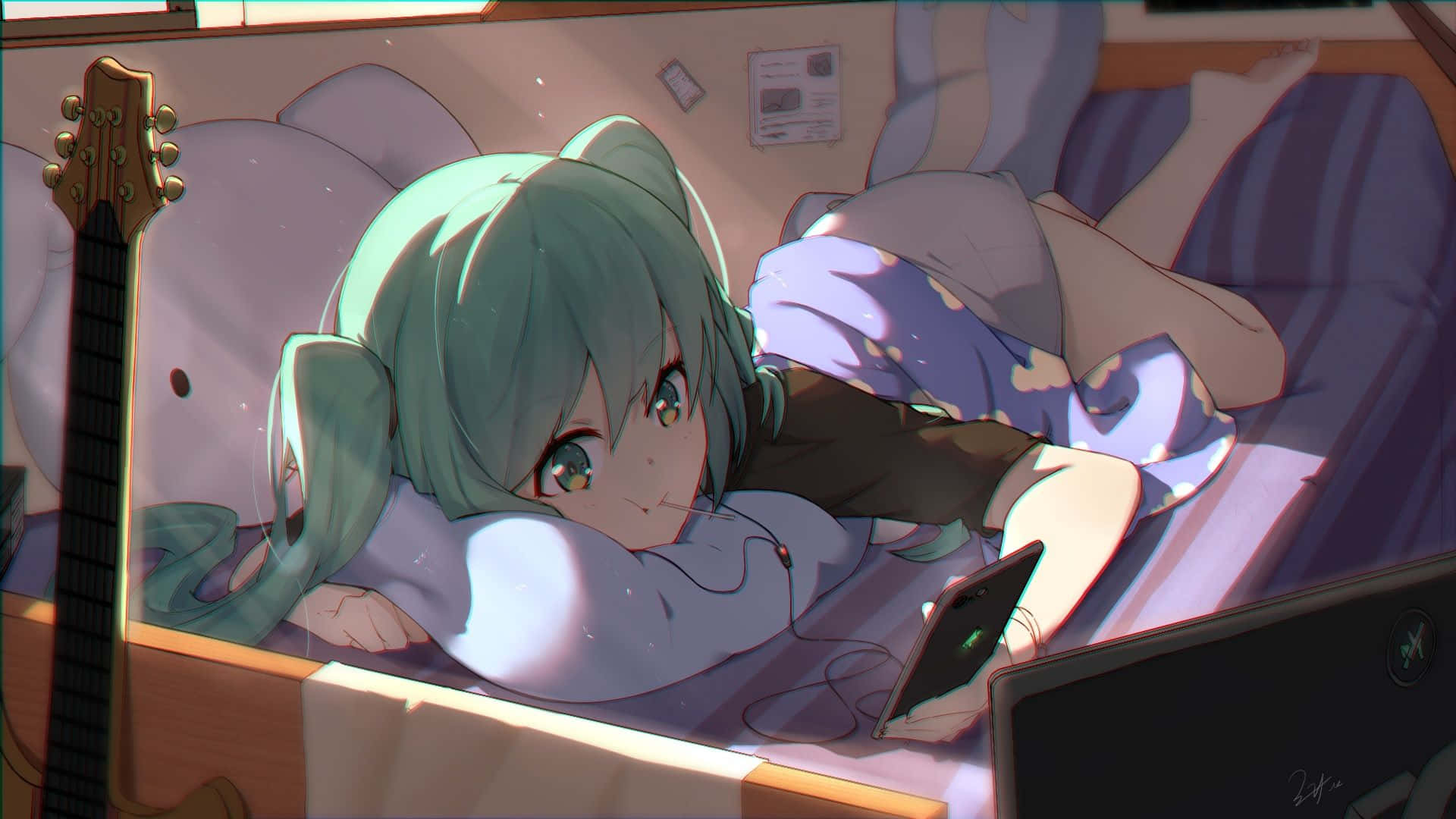teal-haired anime girl, cat ears, guitar, Full HD Desktop Wallpaper