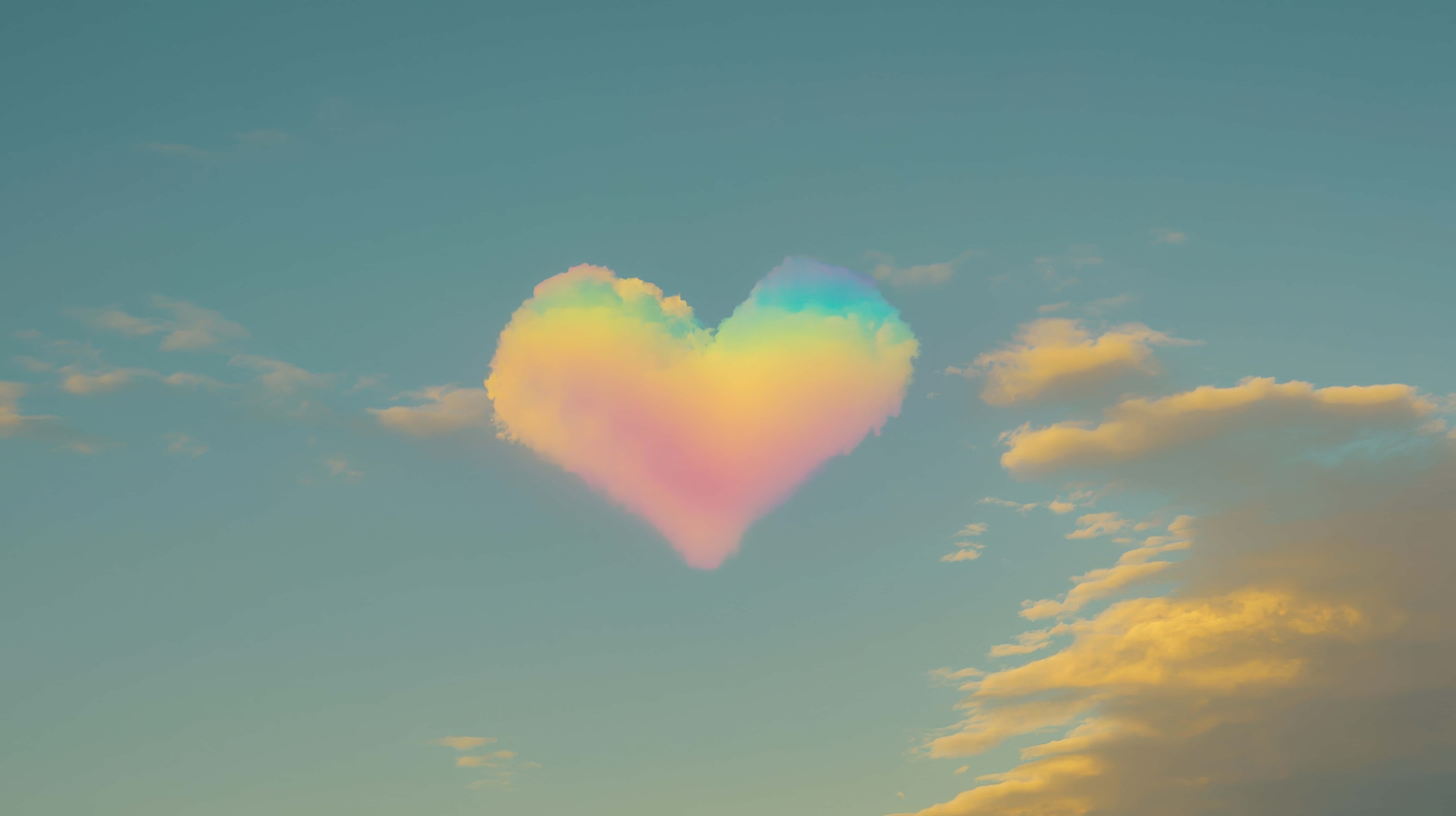 rainbow heart-shaped cloud, blue sky, pastel rainbow, 8K Desktop Wallpaper