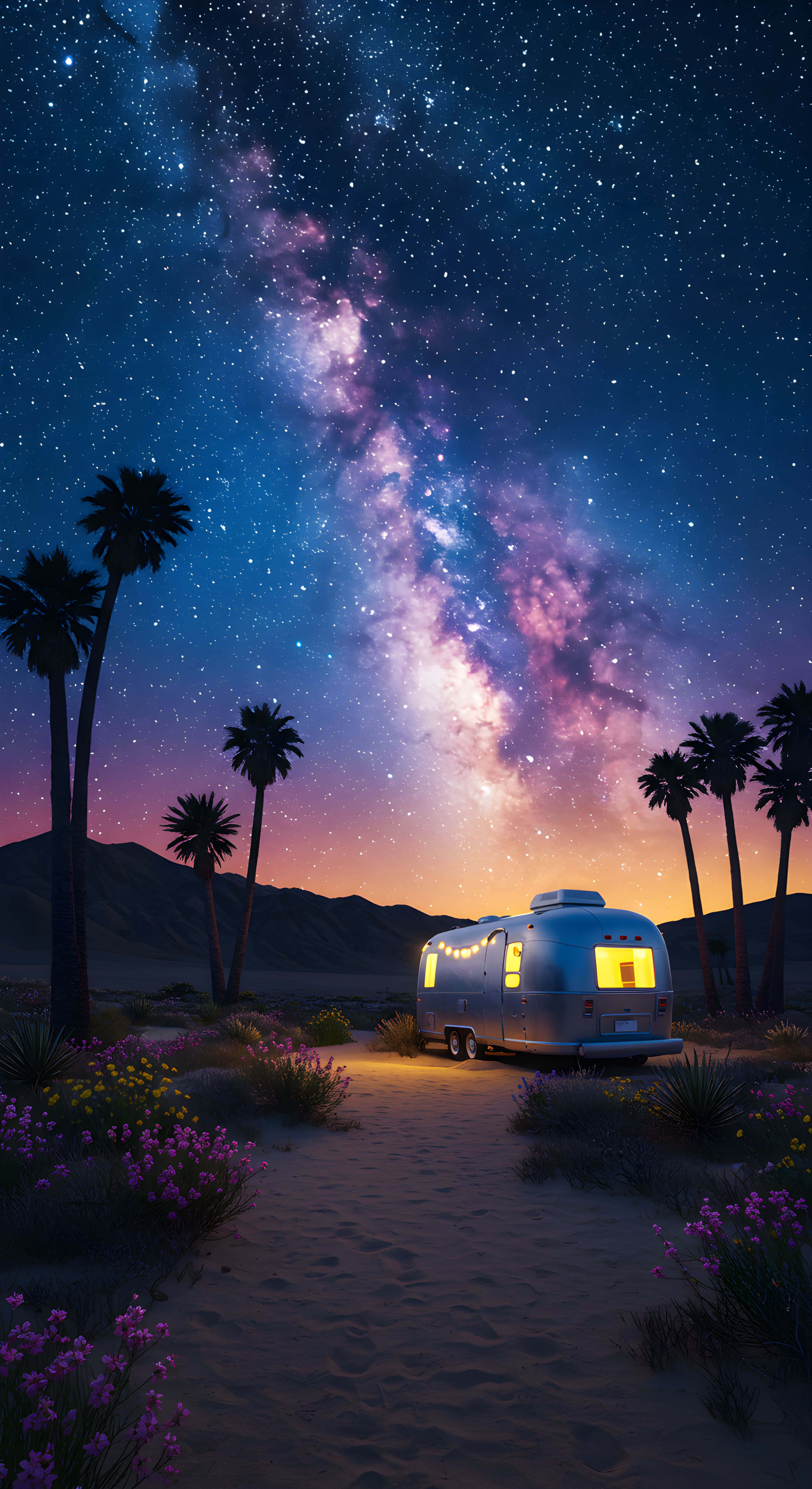 silver vintage camper, vibrant Milky Way, desert palm trees, 5K Phone Wallpaper