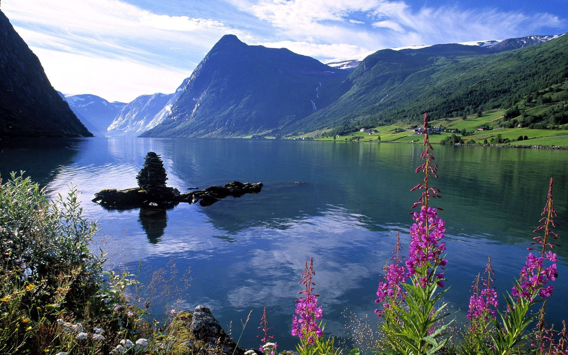 fjord, towering green mountains, purple wildflowers, Full HD Desktop Wallpaper