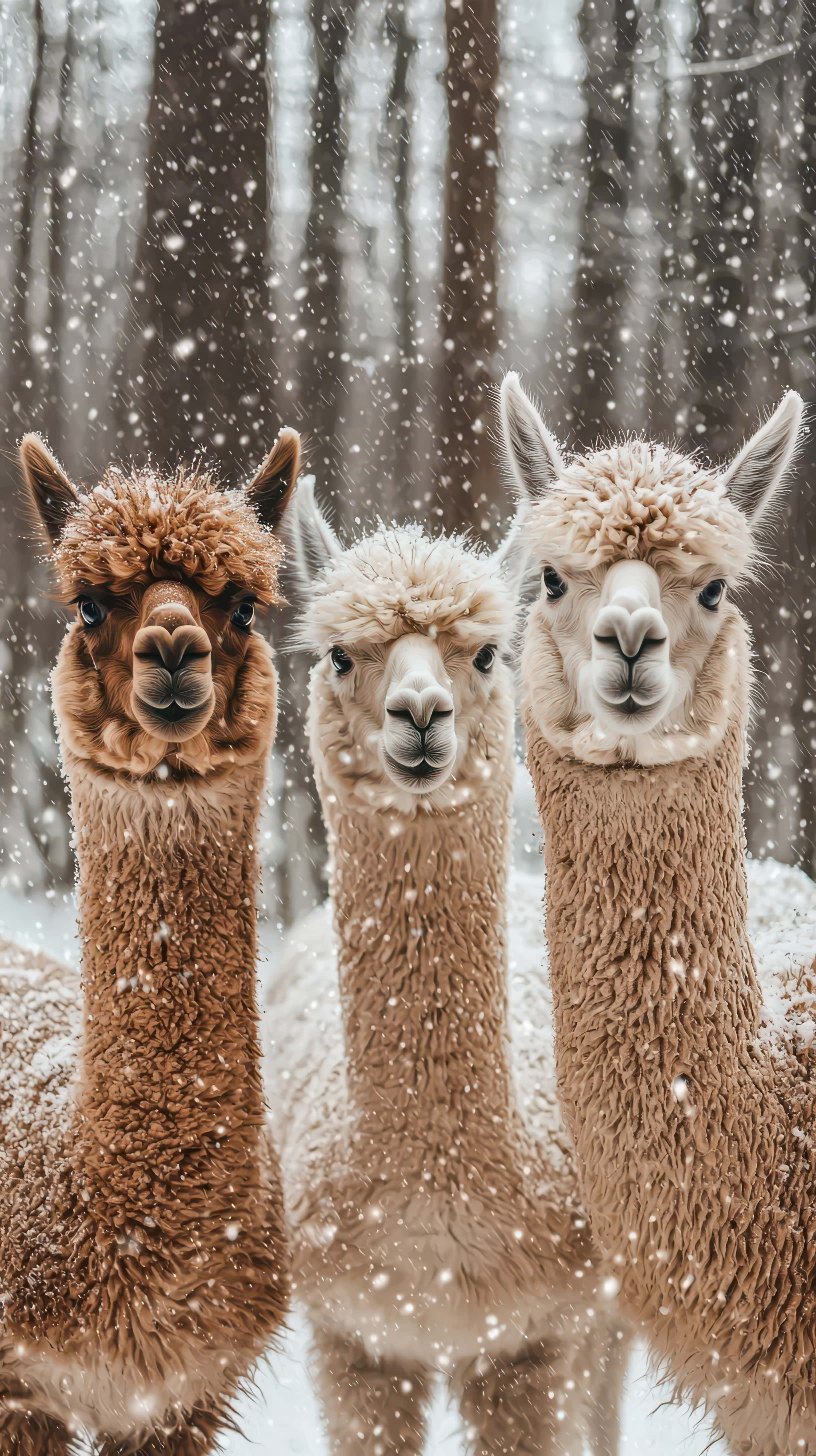 alpacas, snowy forest, falling snowflakes, 4K Phone Wallpaper
