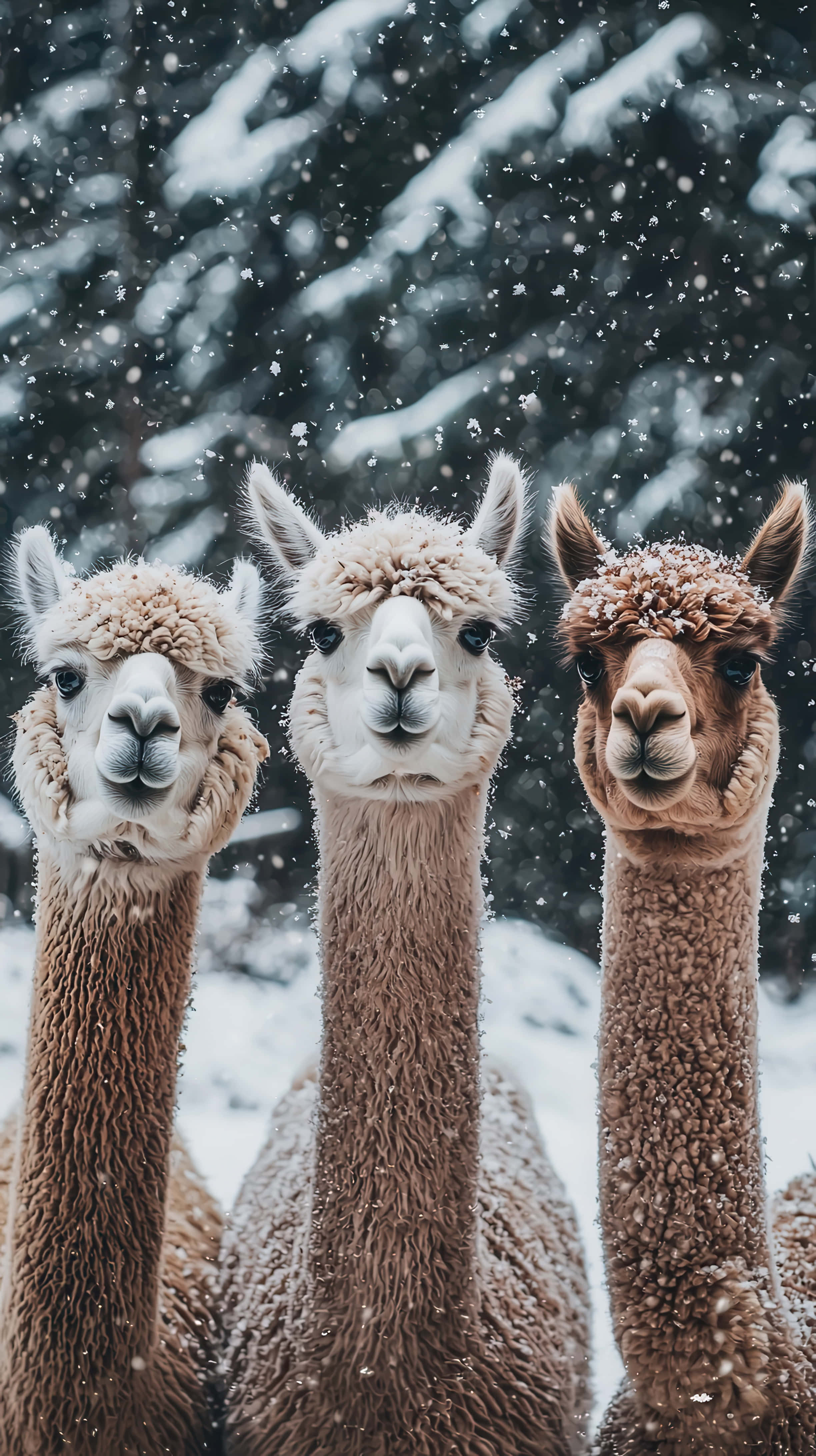 alpacas, winter snowfall, snowy forest, 4K Phone Wallpaper
