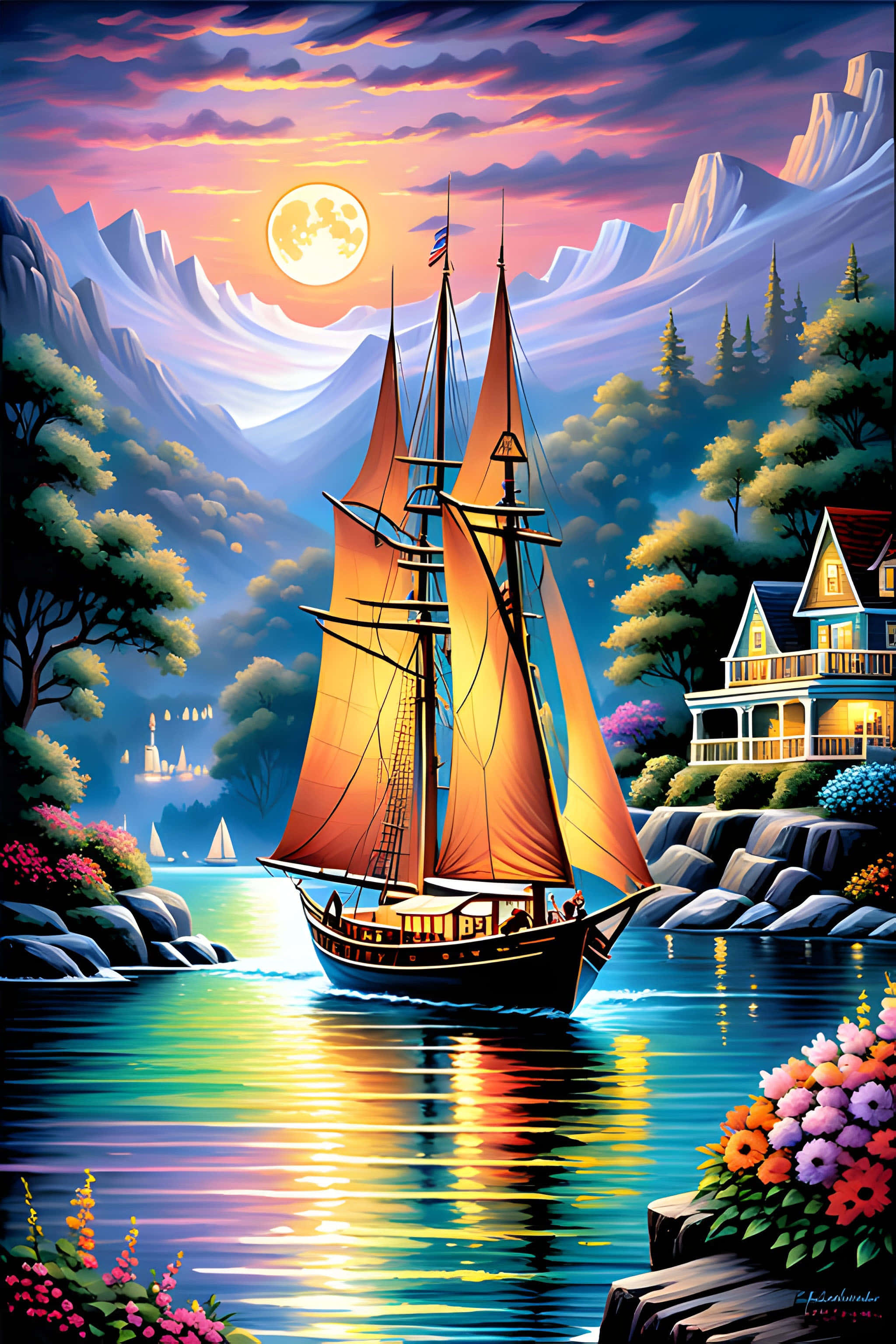 sailboat, sunset, twilight lake, 2K Phone Wallpaper
