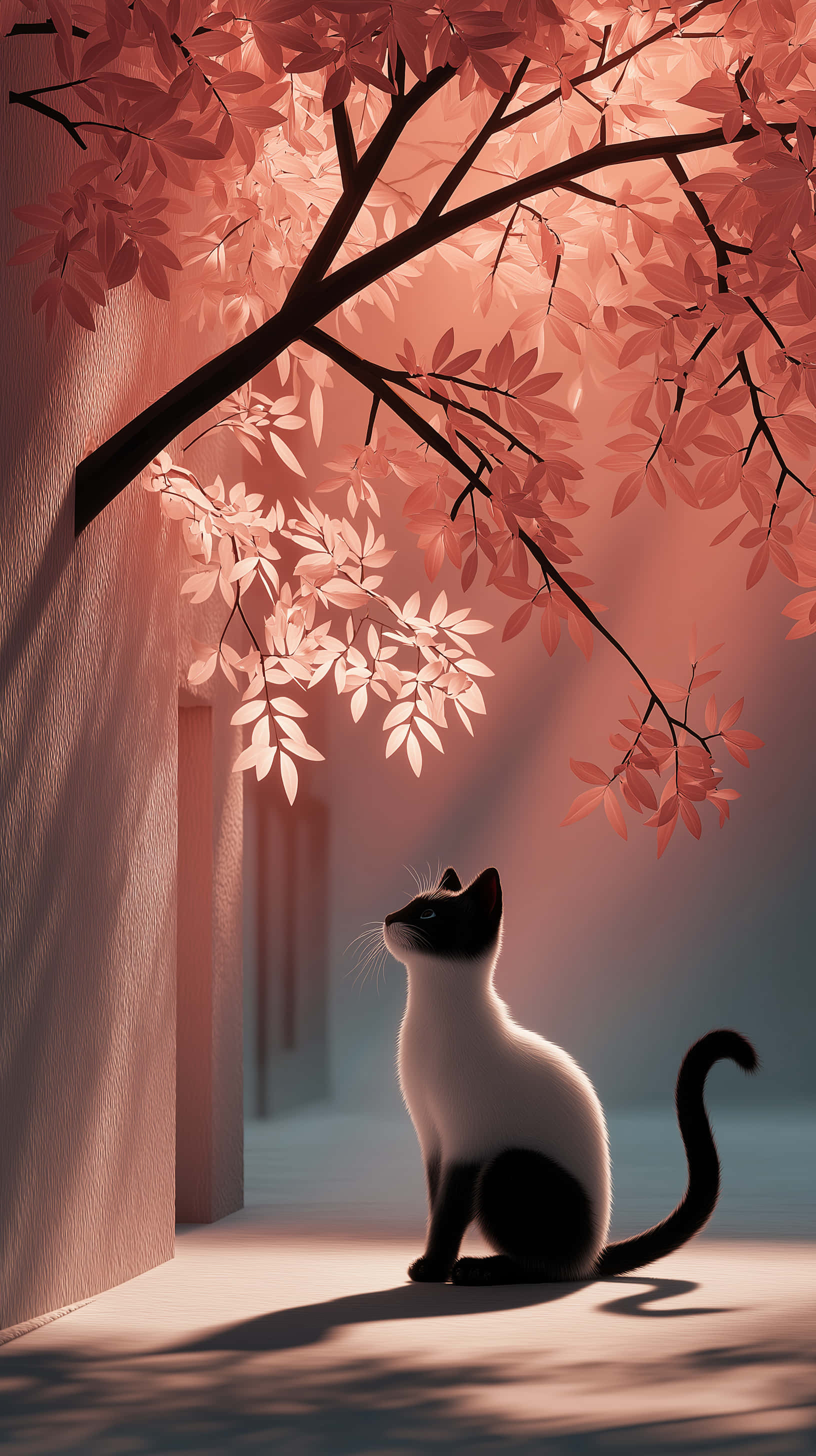 black and white cat, cherry blossom tree, warm pink light, 2K Phone Wallpaper