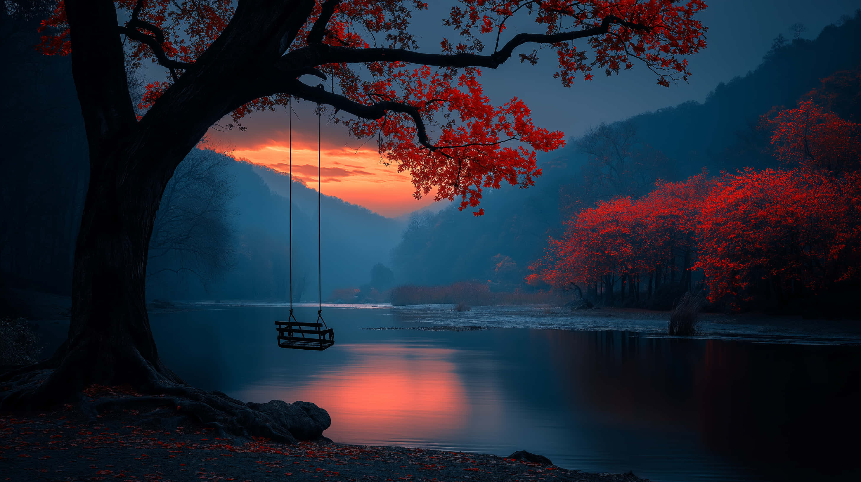 secluded swing, mountain lake, sunset, 2K Desktop Wallpaper