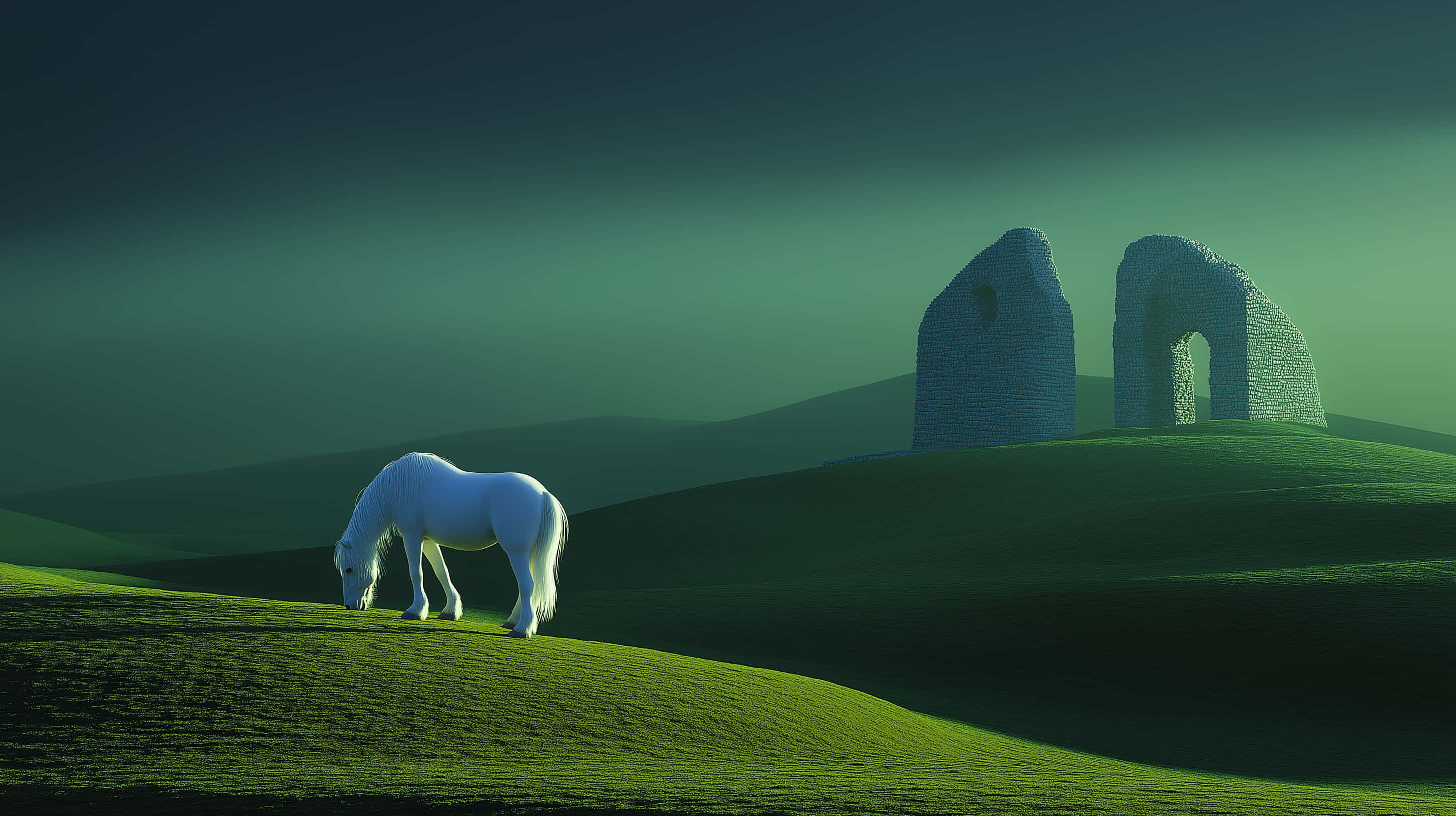white horse, ancient ruins, green hills, 2K Desktop Wallpaper