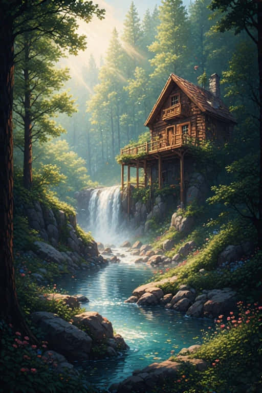cozy cabin, waterfall, sunlit forest, SD Phone Wallpaper