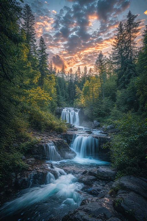 4K, waterfall, serene forest, SD Phone Wallpaper