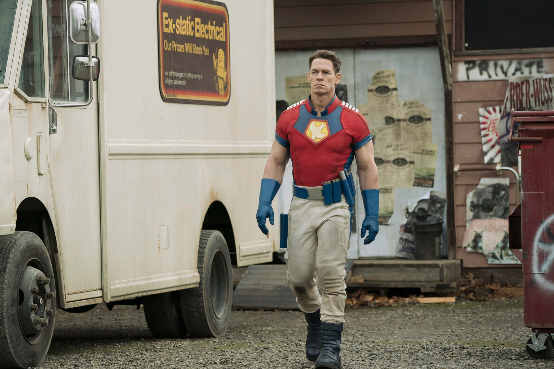 Peacemaker, red blue superhero costume, white van, Full HD Desktop Wallpaper