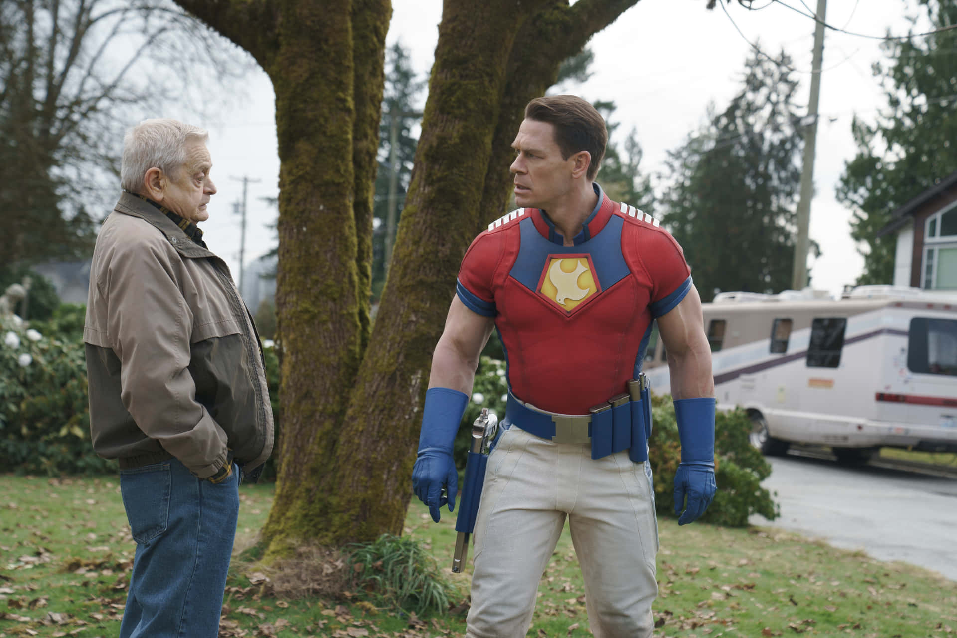 Peacemaker, red blue and yellow costume, suburban yard, Full HD Desktop Wallpaper