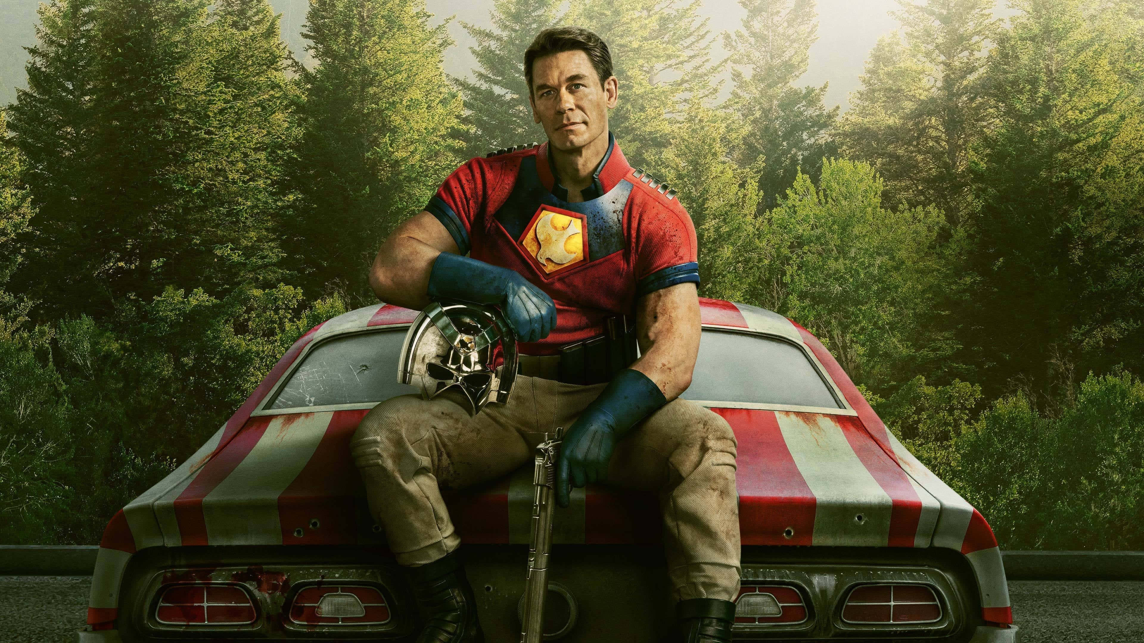 Peacemaker, red superhero costume, vintage red and white striped muscle car, 4K Desktop Wallpaper