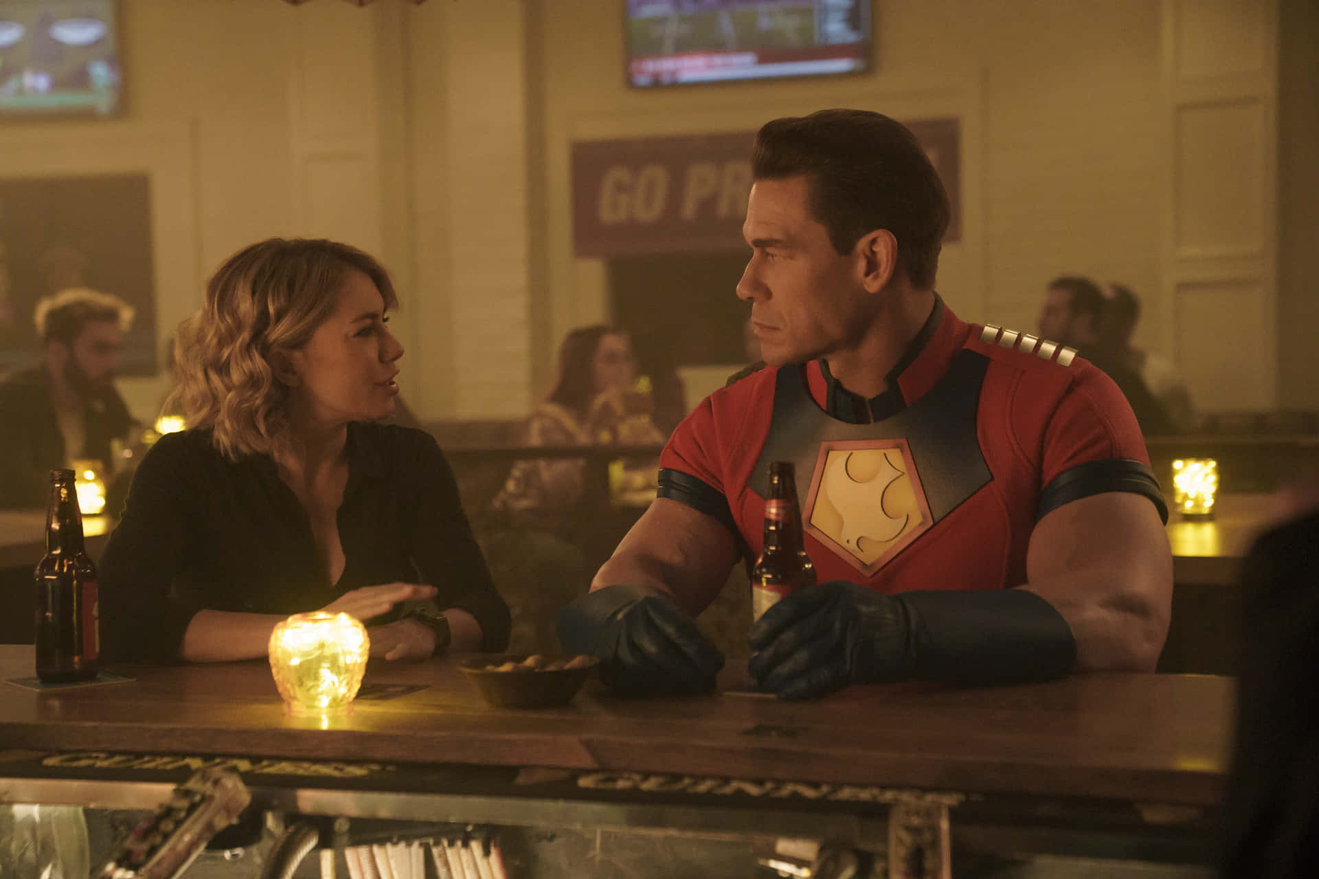 Peacemaker, red suit, dimly lit bar counter, Full HD Desktop Wallpaper