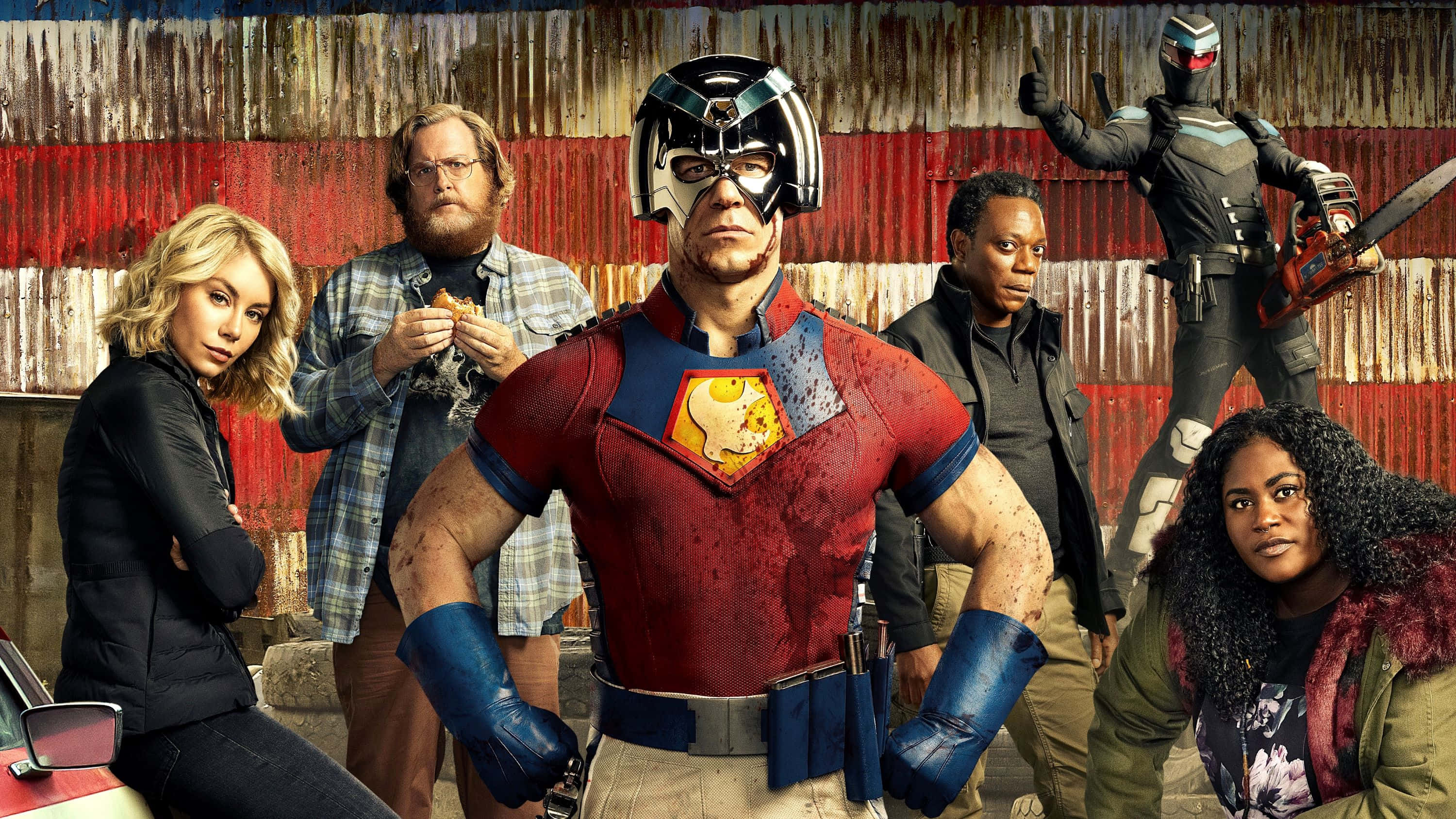 Peacemaker 3000, chainsaw-wielding figure, gritty superhero team, 2K Desktop Wallpaper
