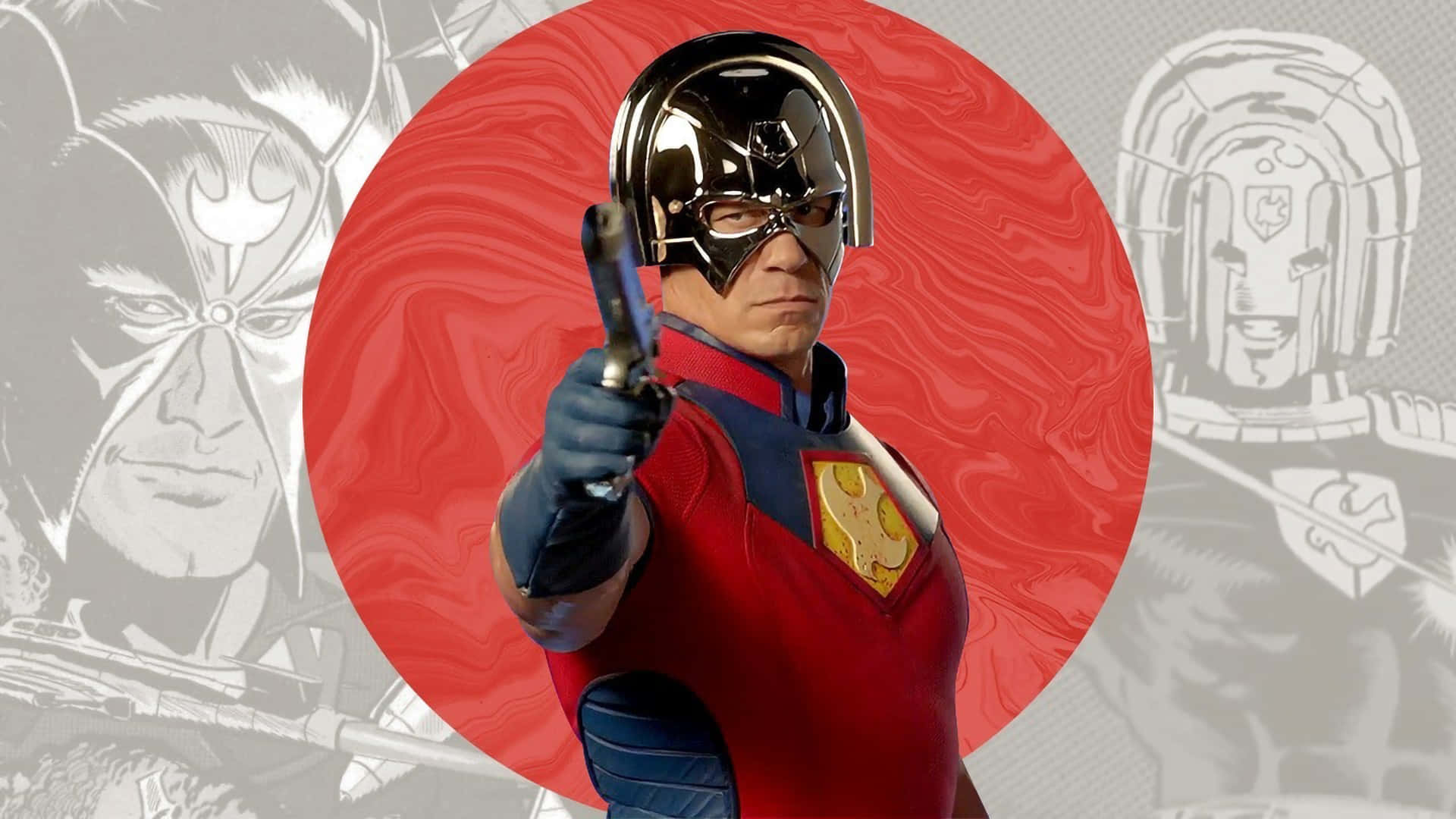 Peacemaker, red and blue suit, gold emblem, Full HD Desktop Wallpaper
