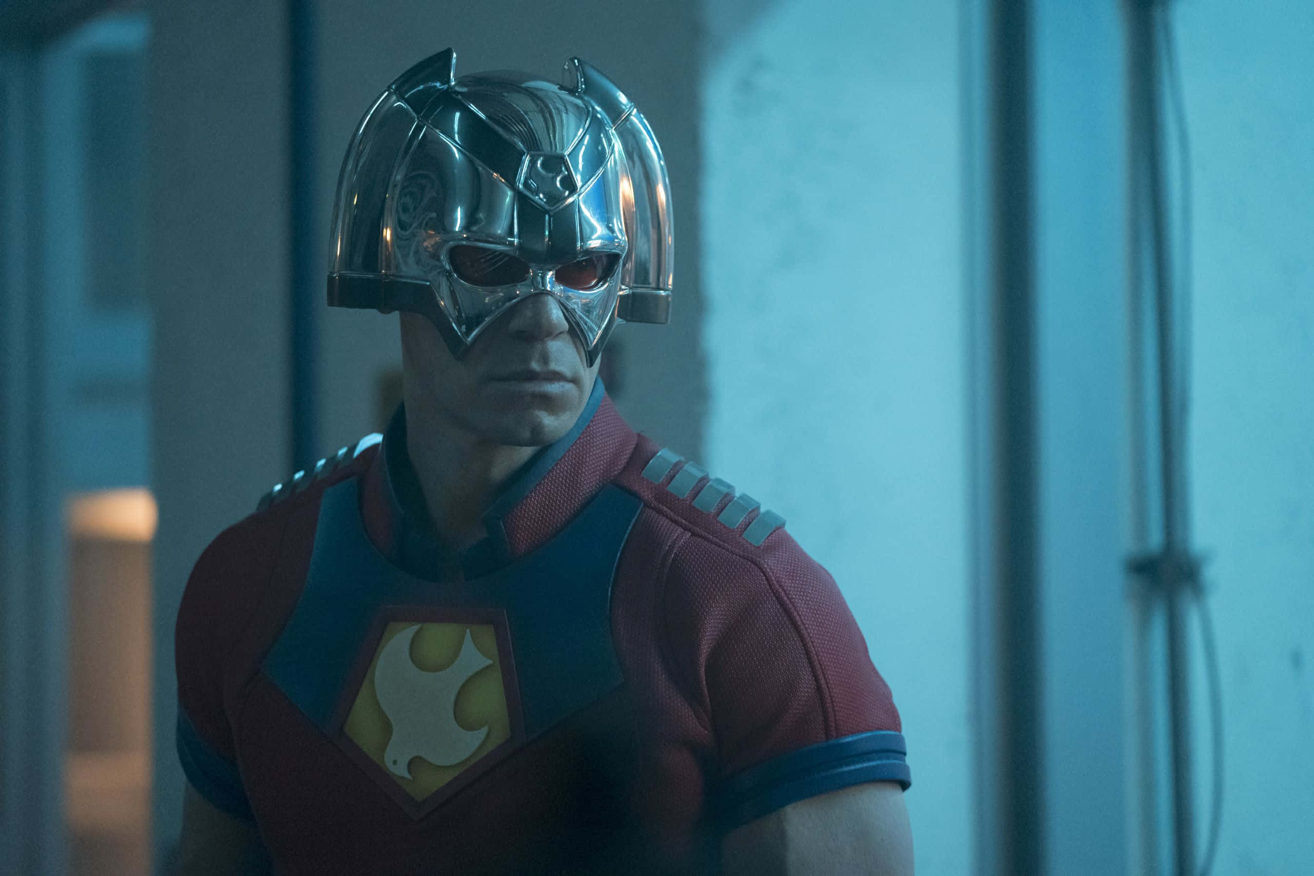 Peacemaker, red and blue suit, silver helmet, 2K Desktop Wallpaper