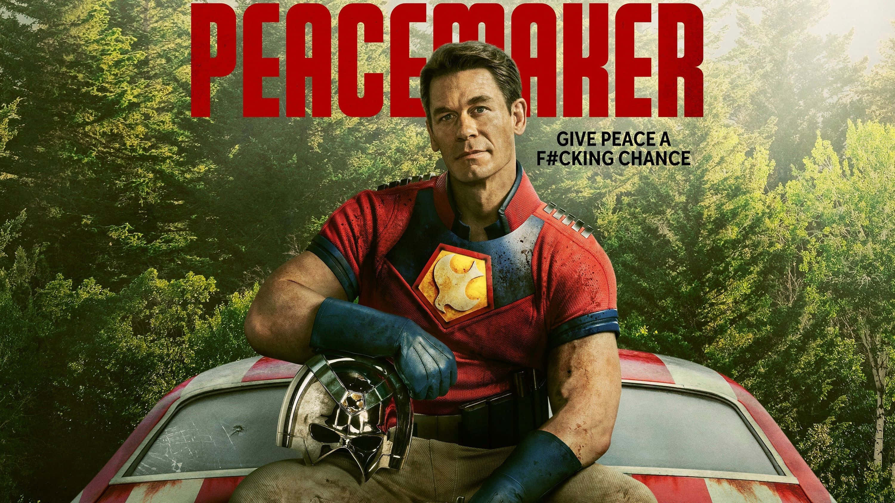 Peacemaker, red superhero costume, vintage car, 2K Desktop Wallpaper