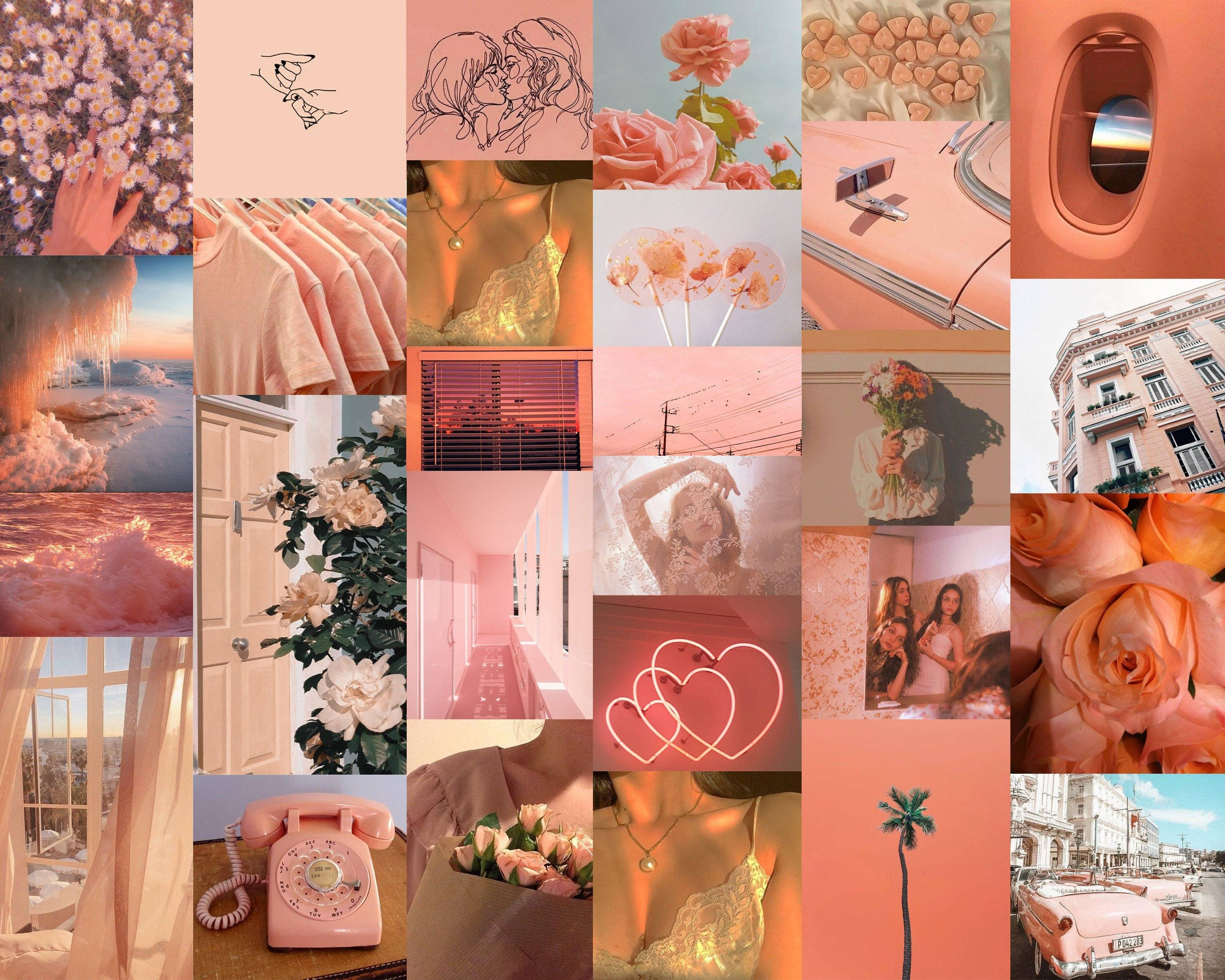 Peach Aesthetic, roses, vintage cars, Full HD Desktop Wallpaper