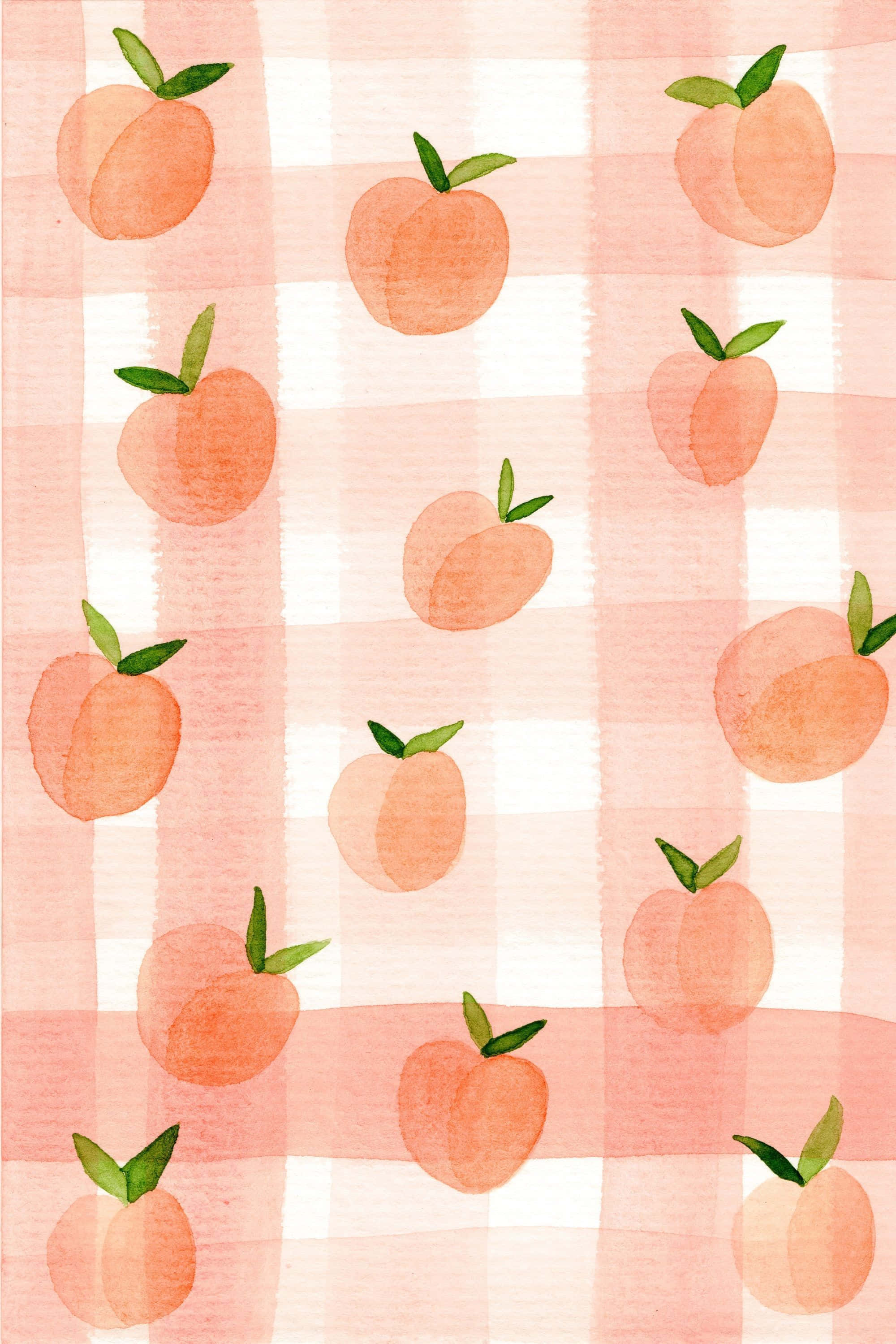 Cute Peach, watercolor peaches, soft pink and white gingham background, 2K Phone Wallpaper