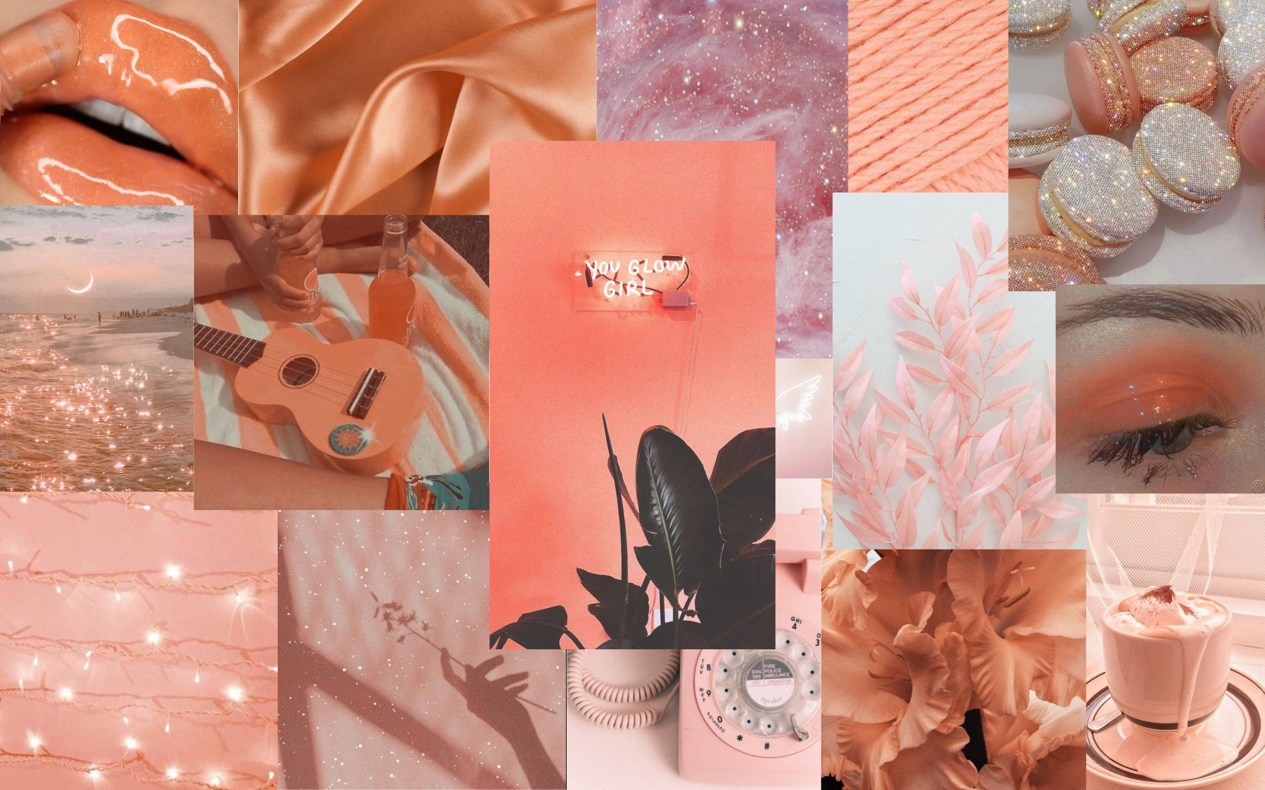 peach aesthetic sparkles, peach-toned, glitter macarons, 2K Desktop Wallpaper