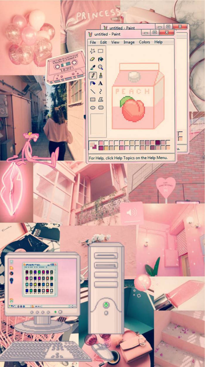 vintage computer, pixel art peach, cassette tape, SD Phone Wallpaper