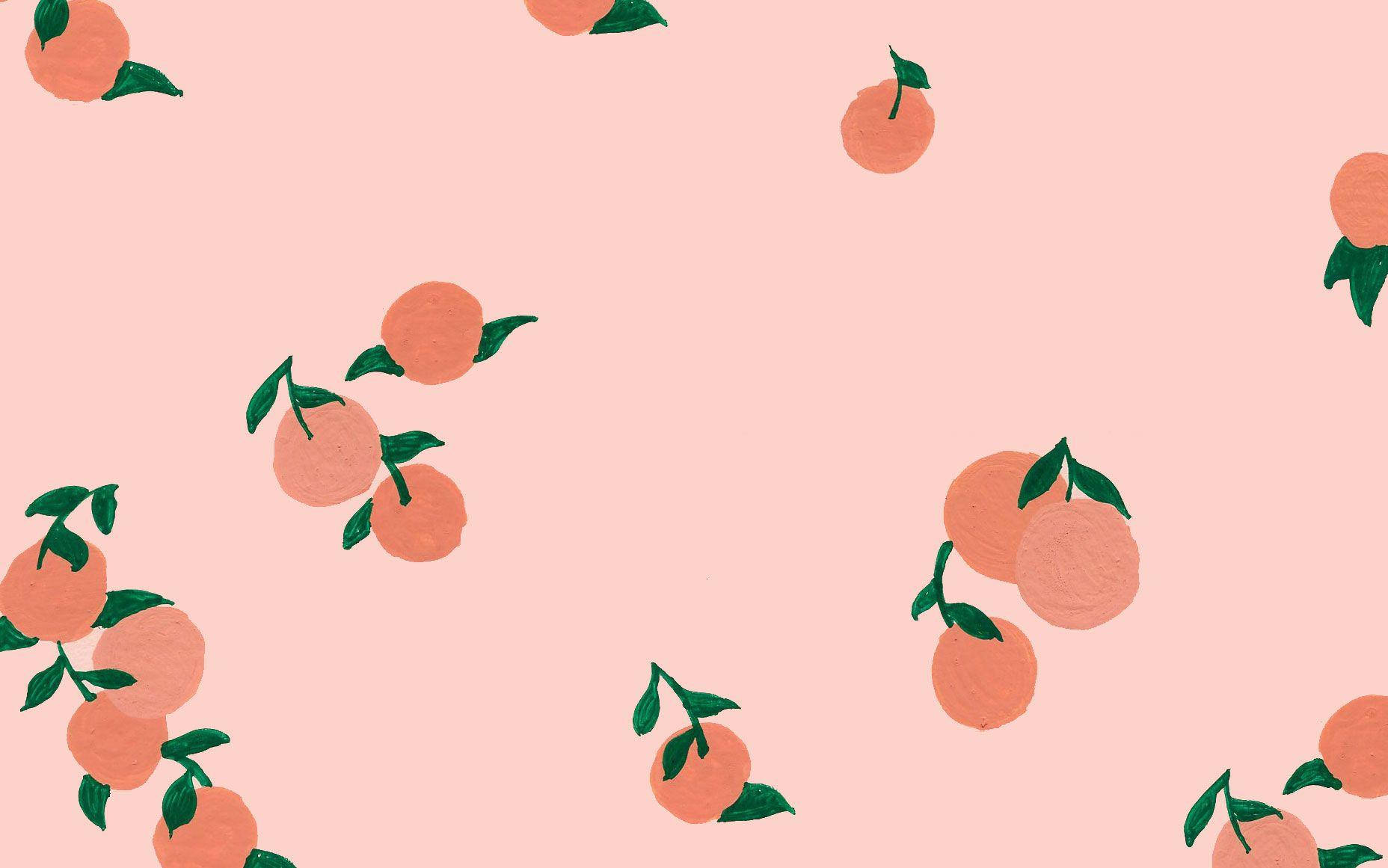 stemmed peach pattern, pink background, scattered illustrated peach clusters, HD Desktop Wallpaper