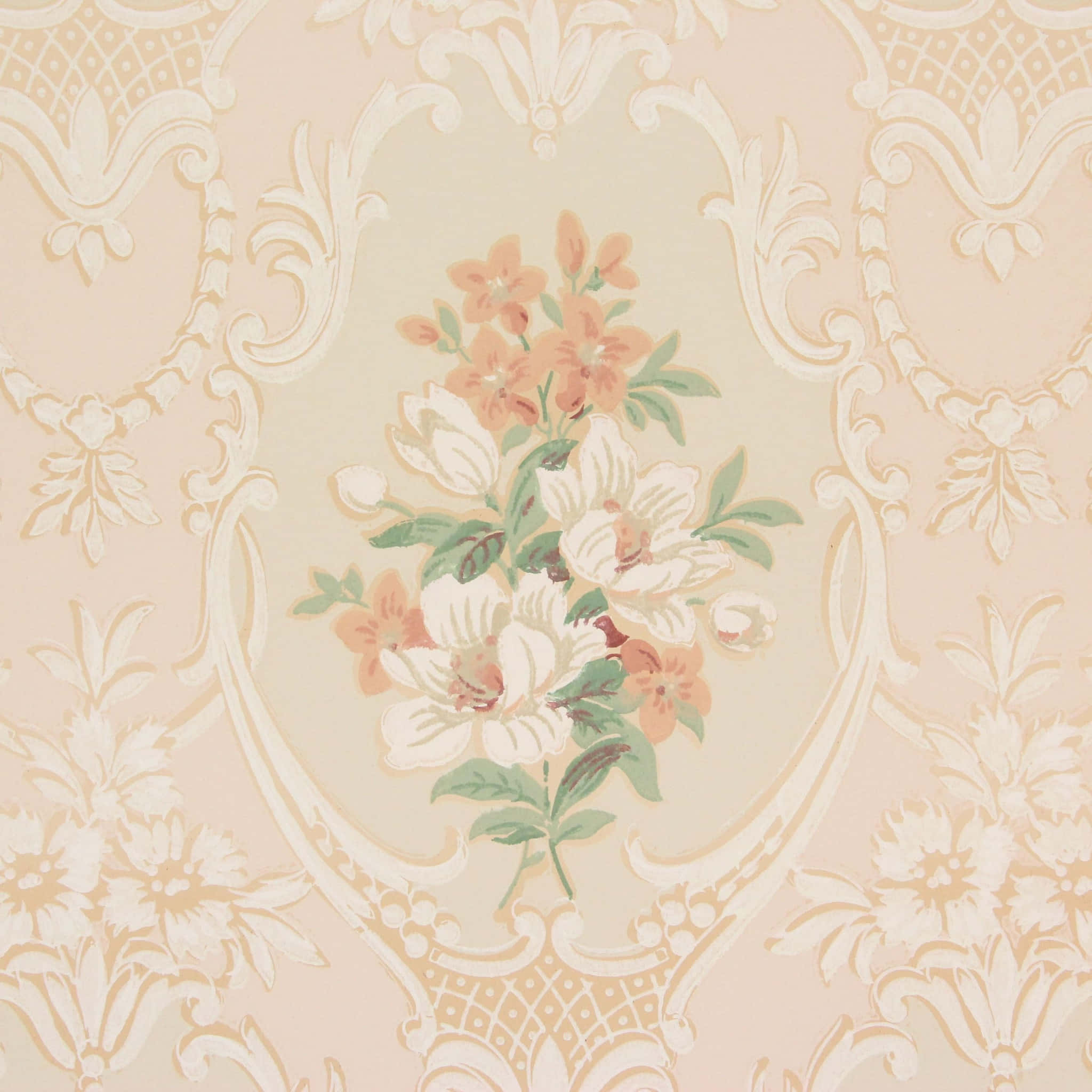 Vintage Peach, floral pattern, cream damask borders, Full HD Desktop Wallpaper