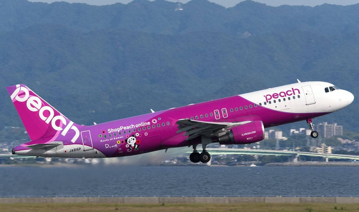 Peach Aviation, vibrant purple, lands near water, SD Desktop Wallpaper
