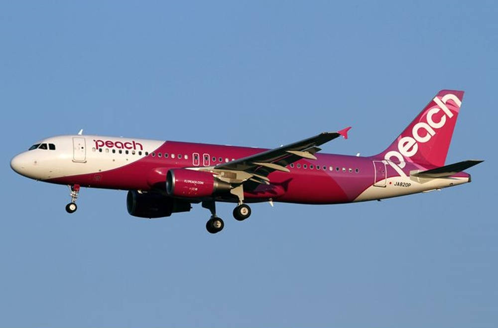 Peach Aviation, magenta and white livery, clear blue sky, SD Desktop Wallpaper