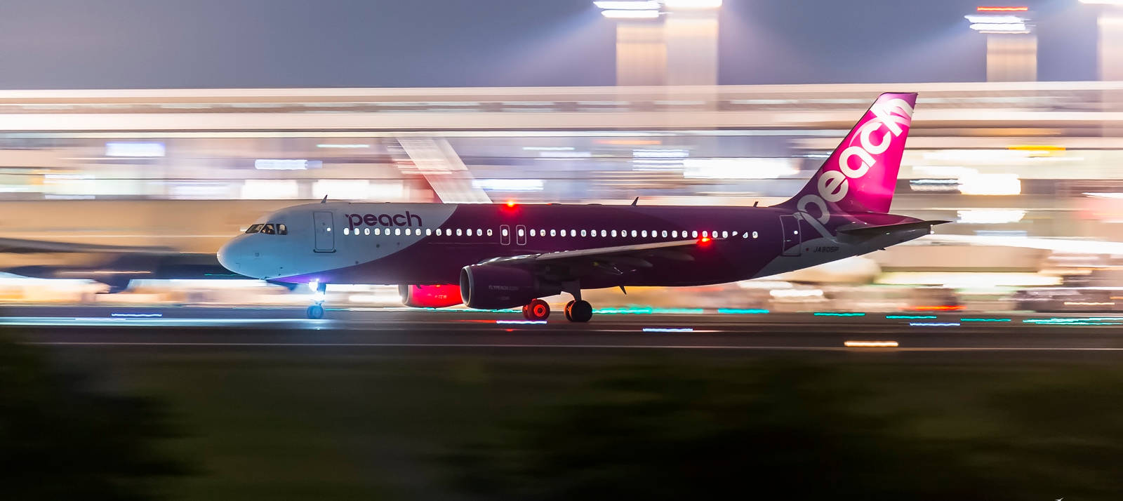 Peach Aviation, night, runway, HD Desktop Wallpaper