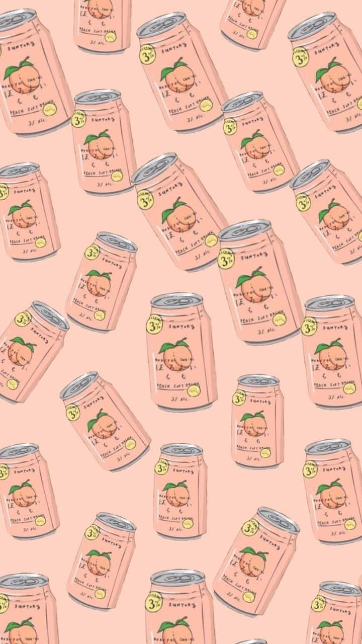 Peach iPhone, pink peach-flavored soda cans, cute cartoon faces, HD Phone Wallpaper