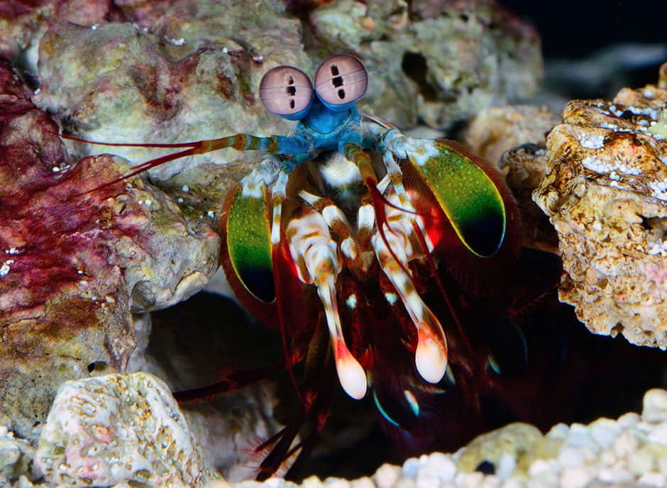 Peacock Mantis Shrimp, iridescent green and red claws, textured coral rocks, SD Desktop Wallpaper