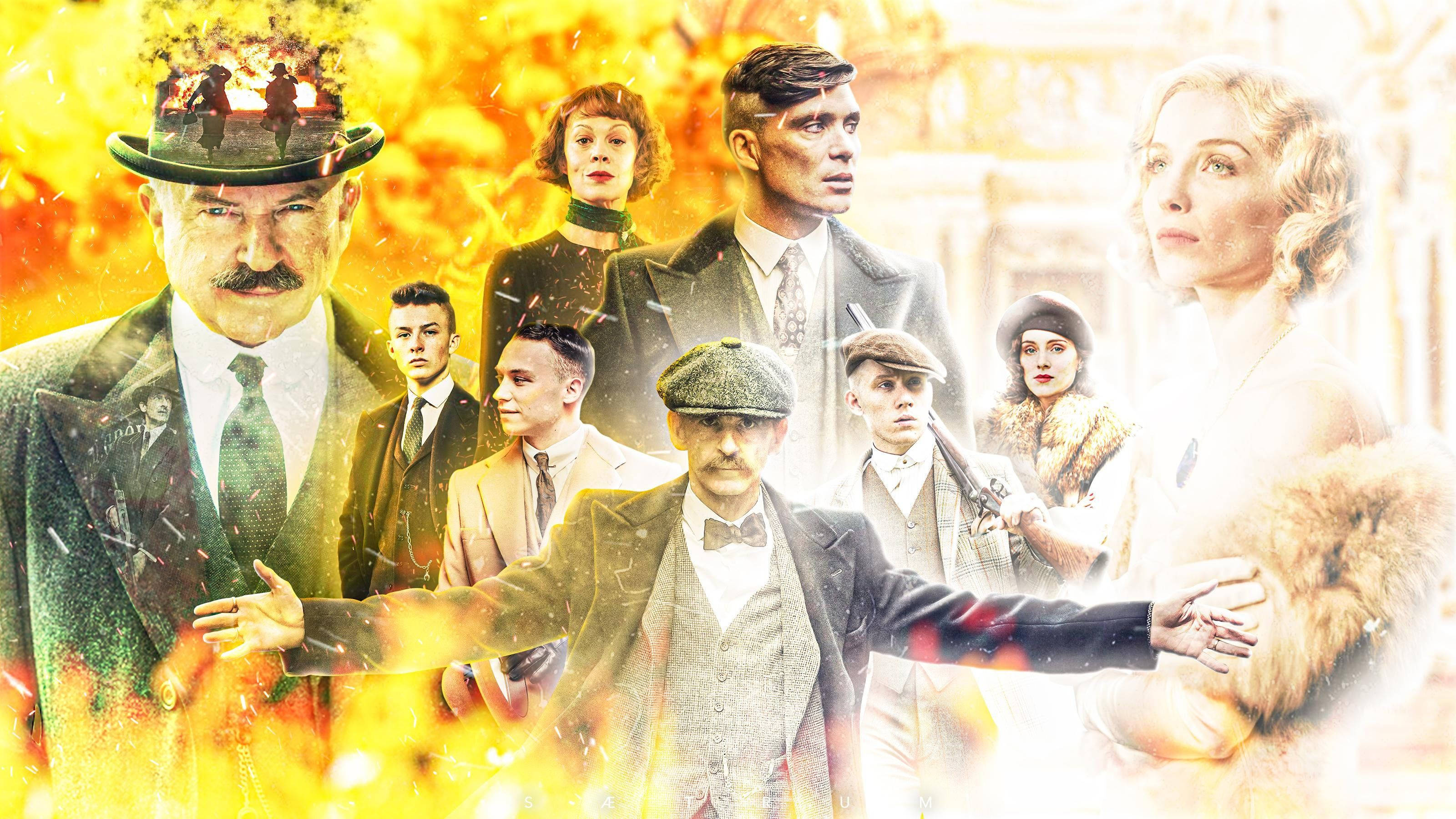 Peaky Blinders, golden lighting, period-dressed characters, 2K Desktop Wallpaper