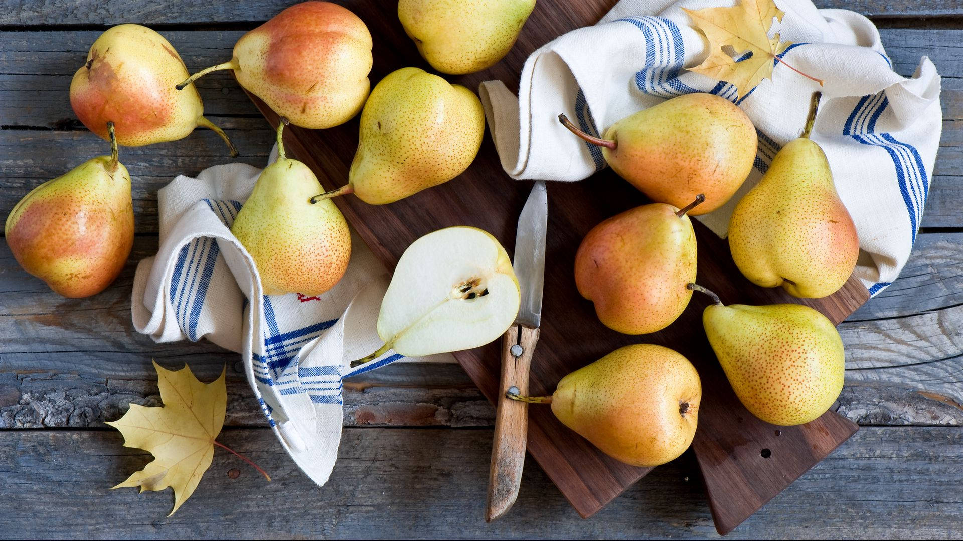 pear, wooden board, striped cloth, Full HD Desktop Wallpaper