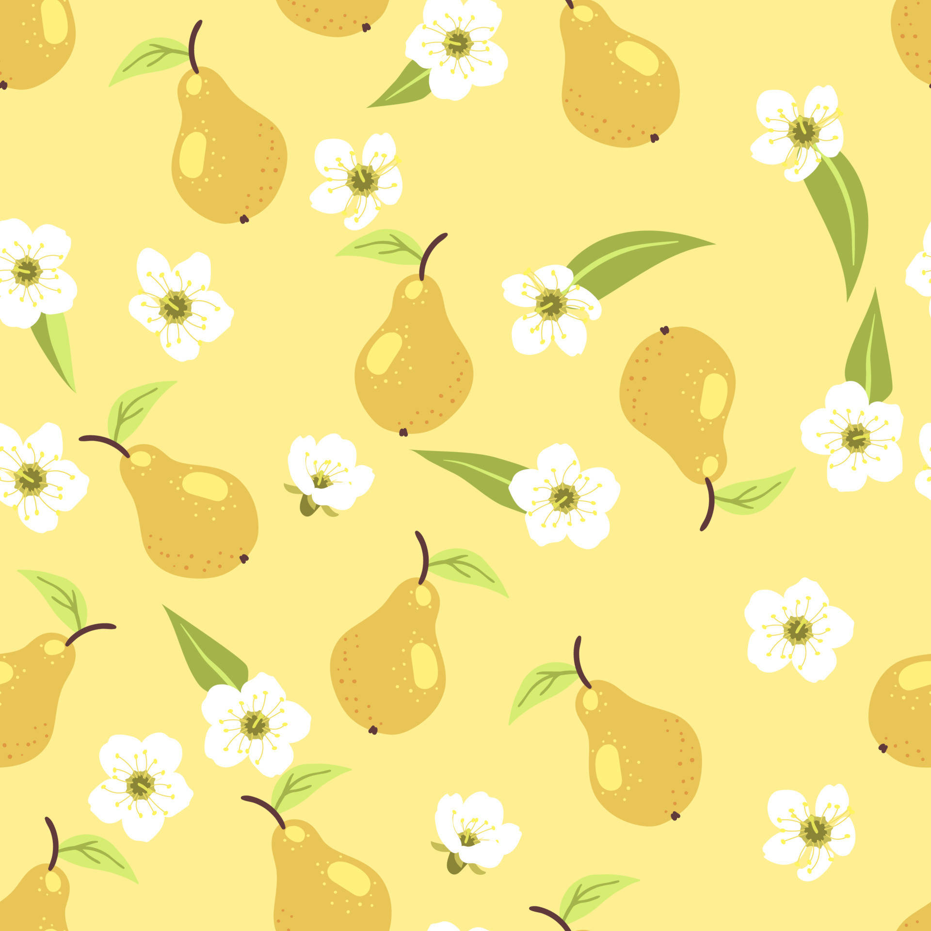 pear fruits, white blossoms, pale yellow background, Full HD Desktop Wallpaper