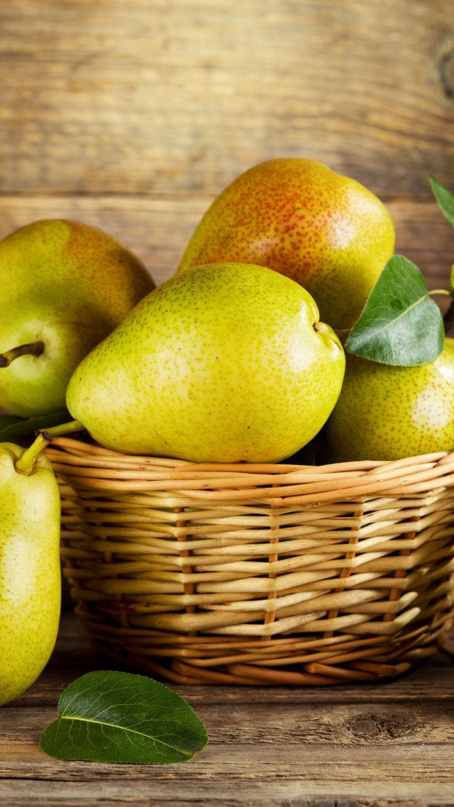 basket of pear fruits, ripe green pears, speckled skin, SD Phone Wallpaper