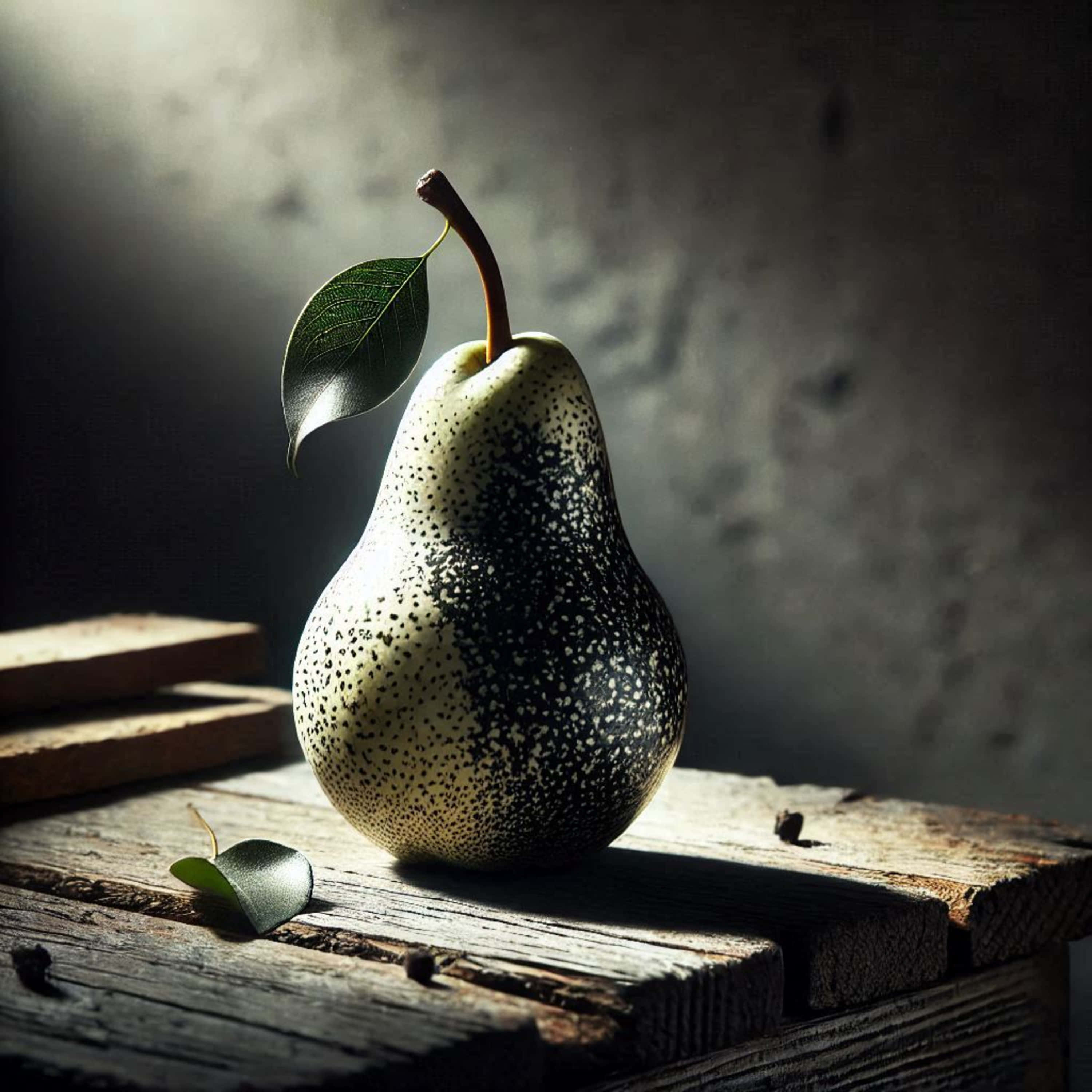 pear, single leaf, weathered wooden surface, 2K Desktop Wallpaper