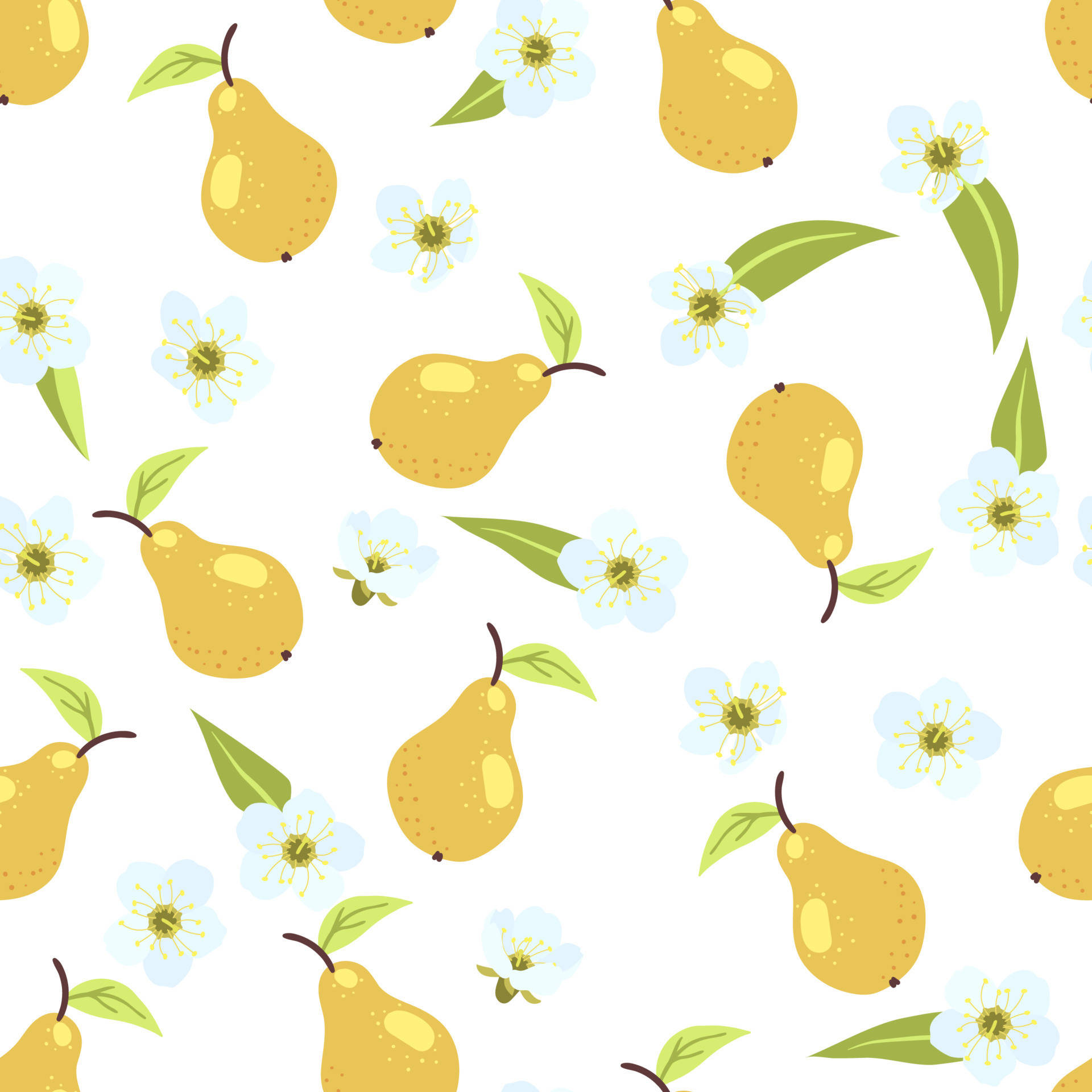 autumn pear pattern, yellow pears, light blue blossoms, Full HD Desktop Wallpaper