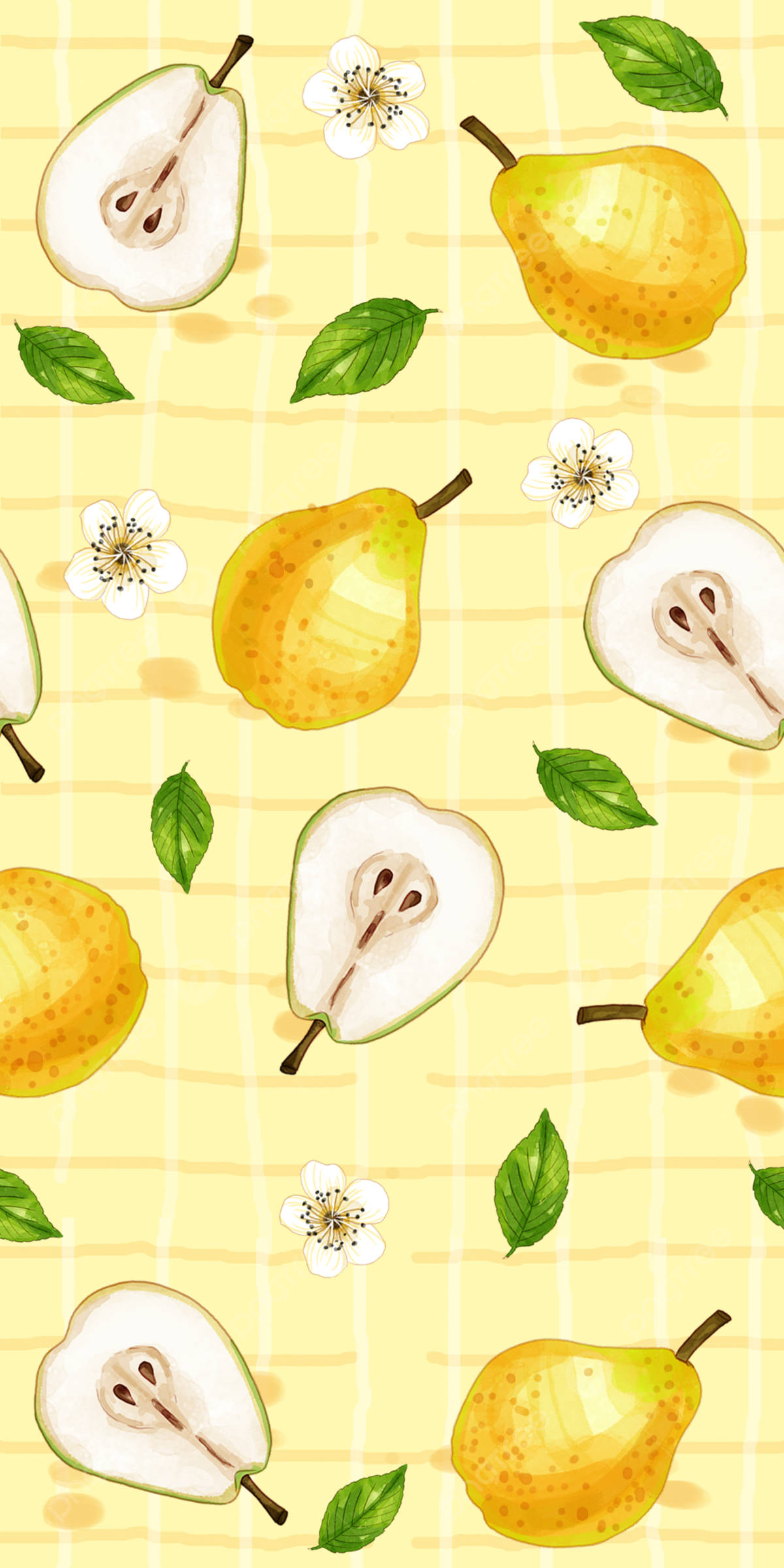 pear fruits, watercolor pattern, whole and sliced pears, Full HD Phone Wallpaper