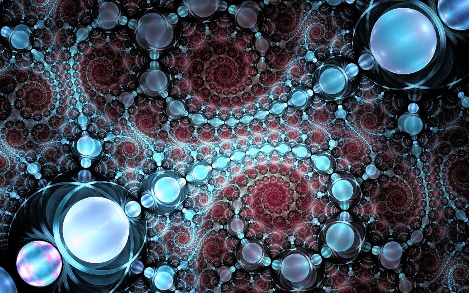 White Pearl Beads Fractals, glowing blue spheres, intricate red spirals, HD Desktop Wallpaper