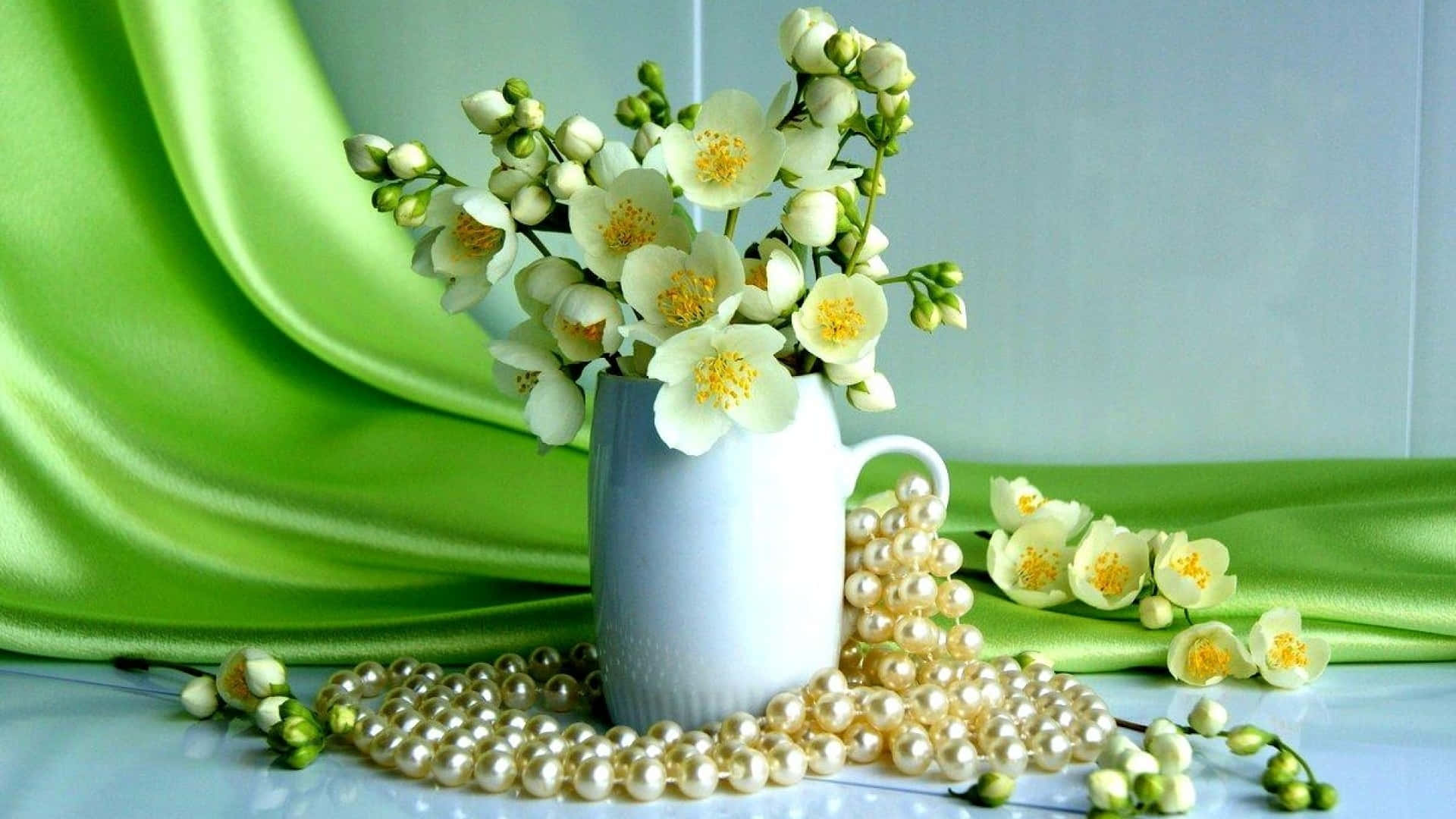 white ceramic mug, delicate white jasmine flowers, yellow centers, Full HD Desktop Wallpaper