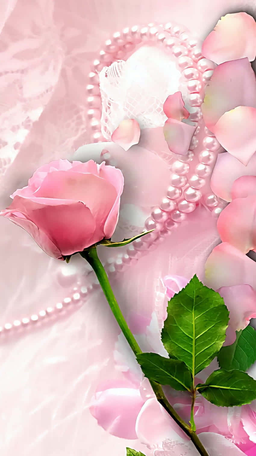 pink rose, pearl necklace, soft pink lace, HD Phone Wallpaper