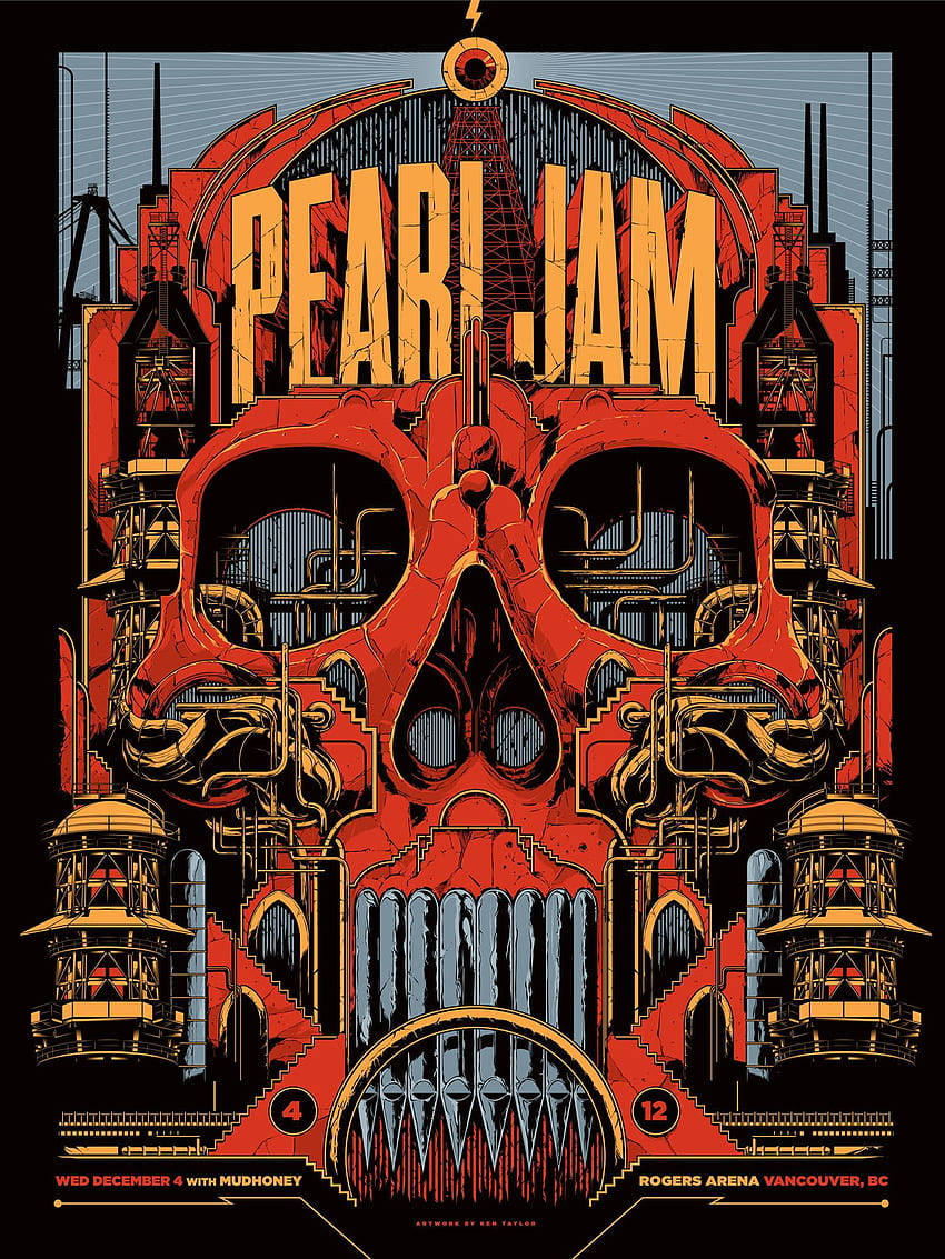 Pearl Jam, red skull, industrial architecture, SD Phone Wallpaper