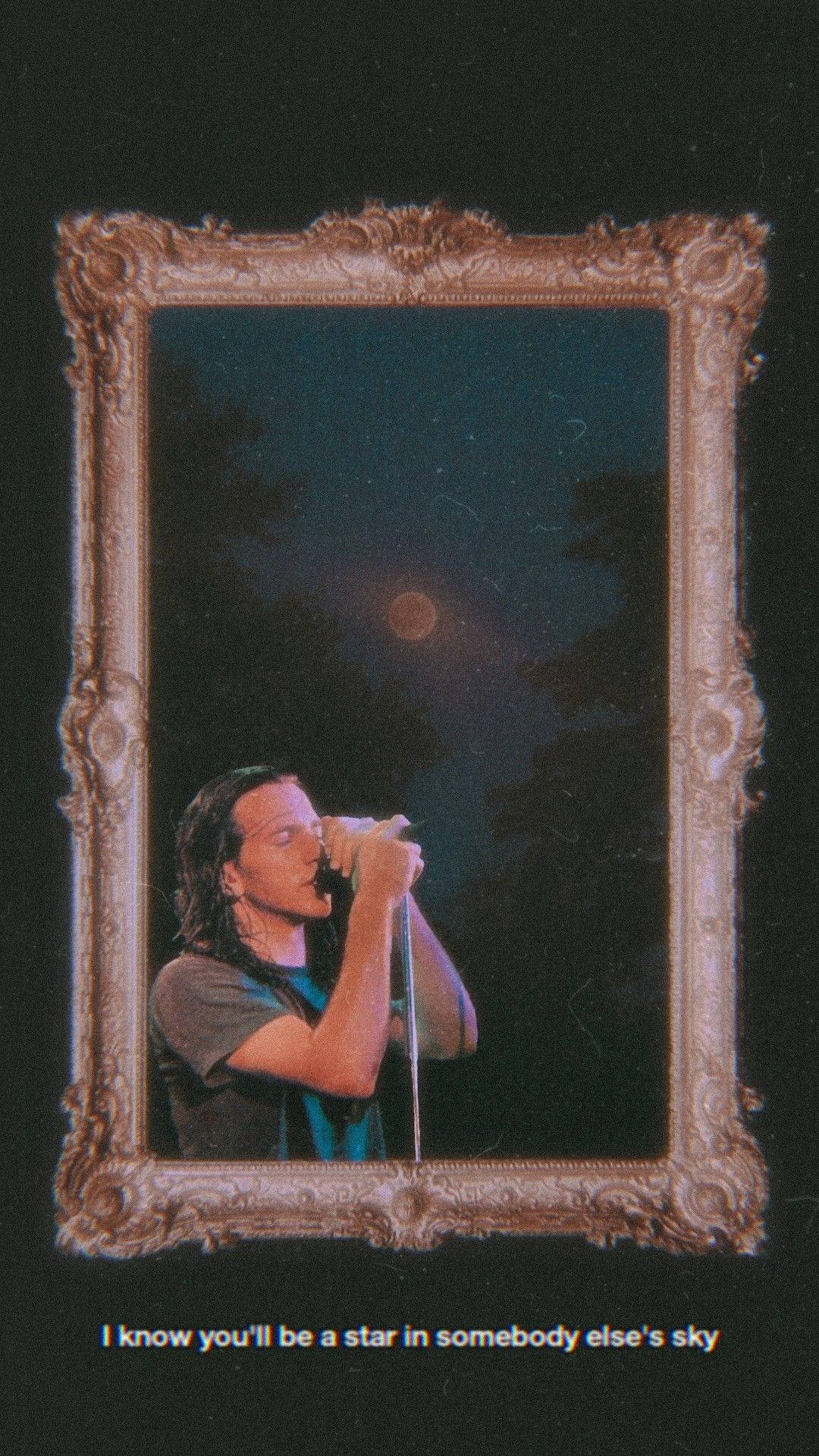 Pearl Jam, gold-framed portrait, moonlit sky, Full HD Phone Wallpaper