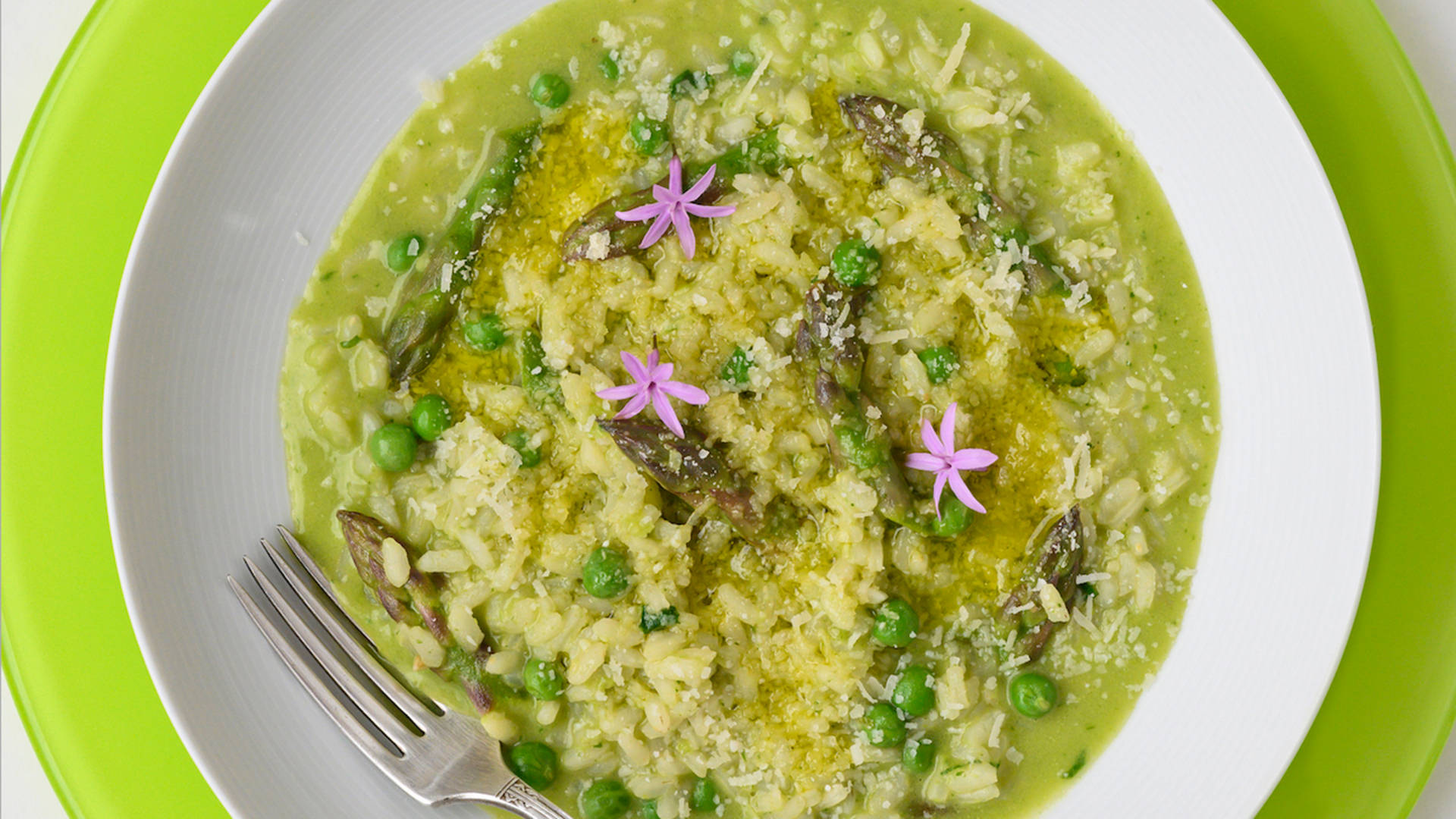 risotto, garlic flower, asparagus peas, Full HD Desktop Wallpaper