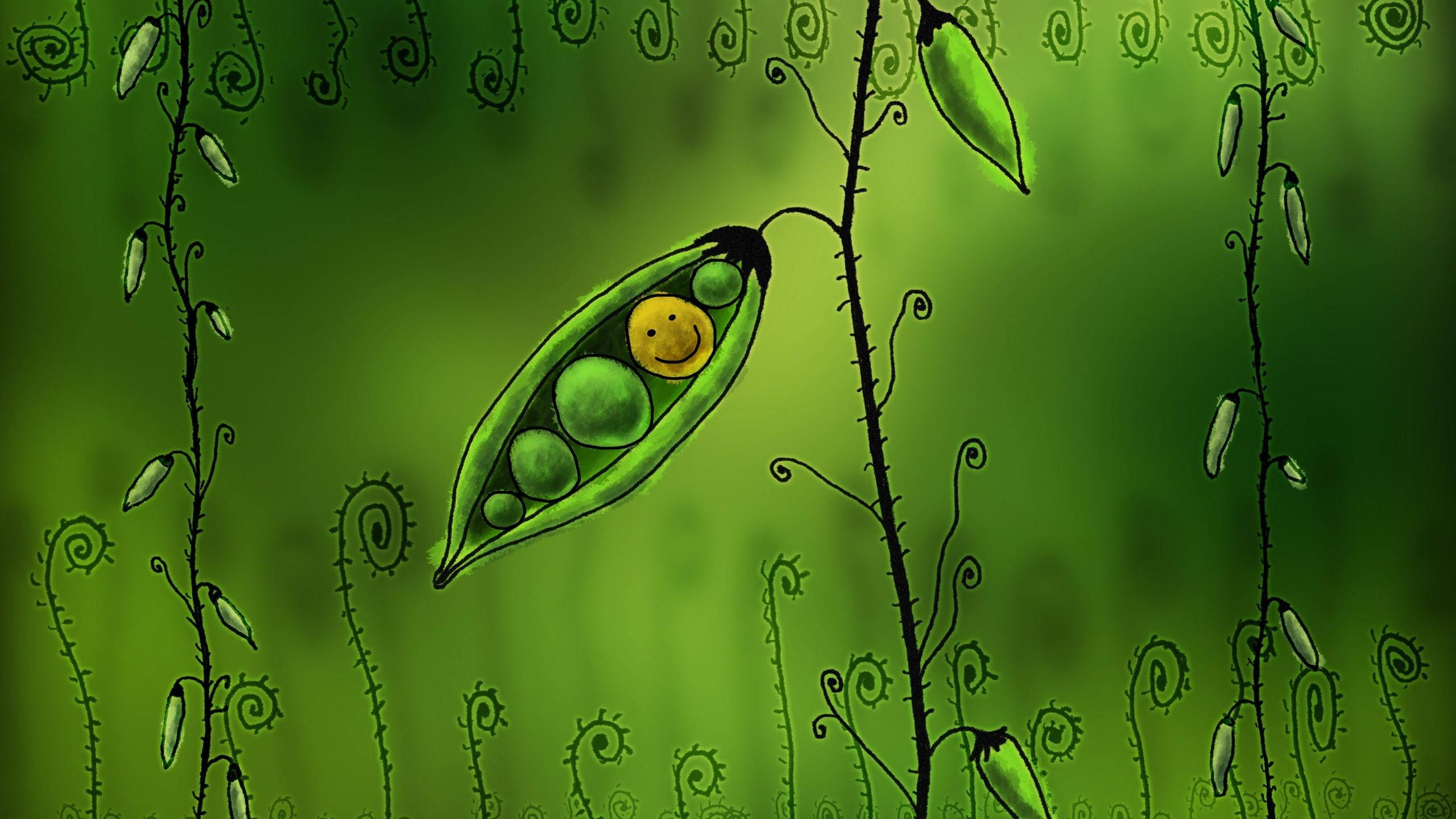 pea pod, yellow smiley face, green pea pod, 2K Desktop Wallpaper