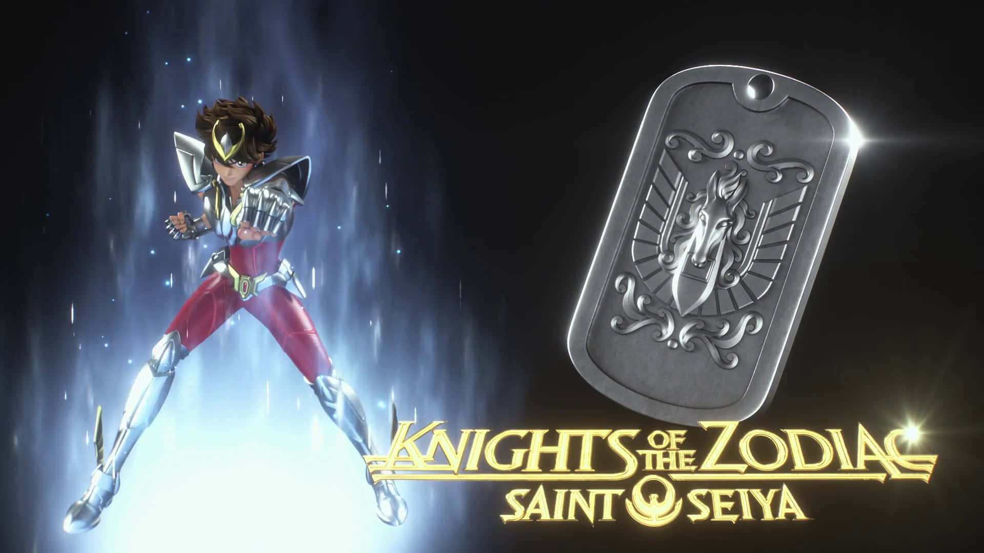 Pegasus Seiya, red and silver armor, glowing blue energy backdrop, Full HD Desktop Wallpaper