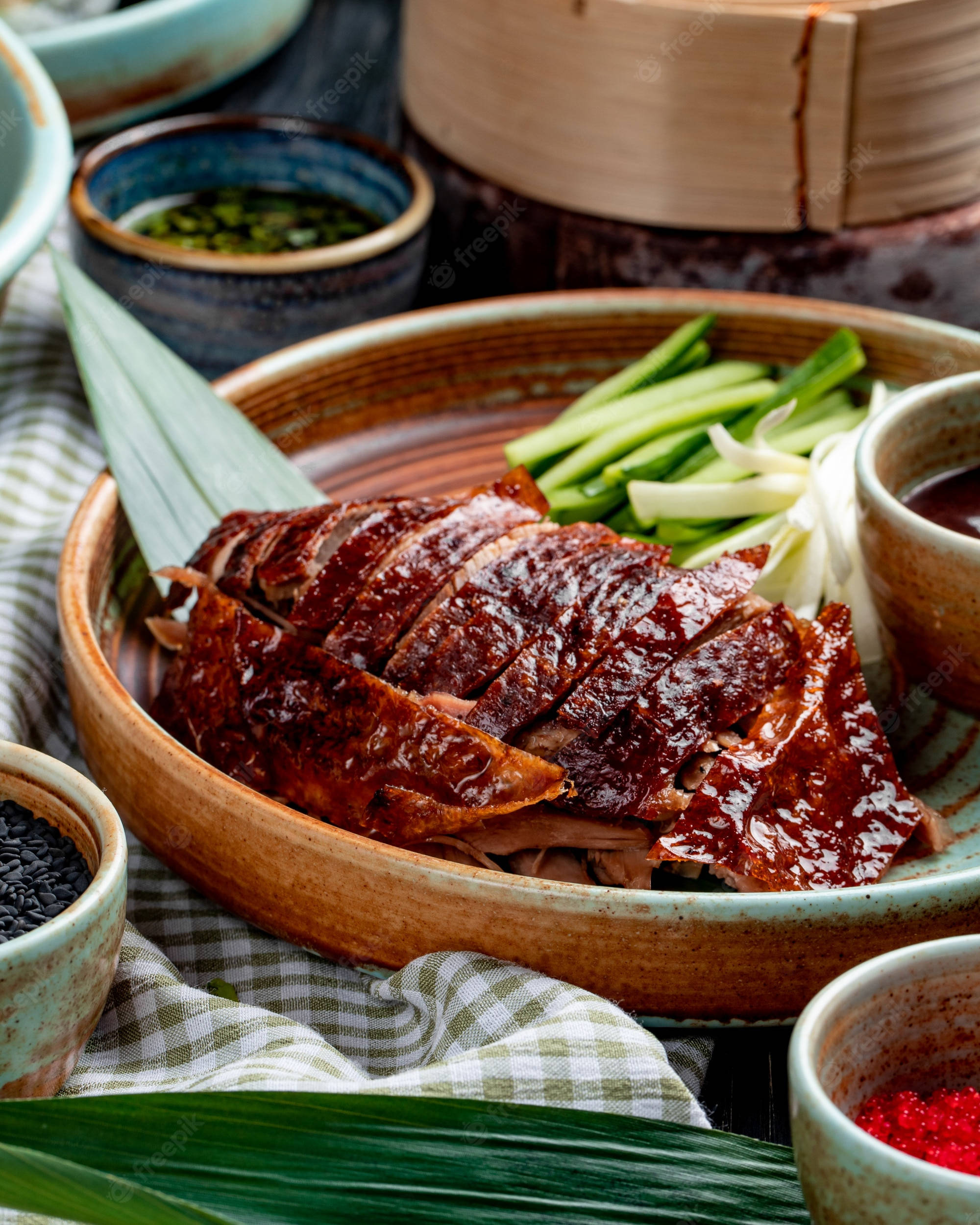 Peking Duck, curved wooden plate, glossy caramelized skin, Full HD Phone Wallpaper