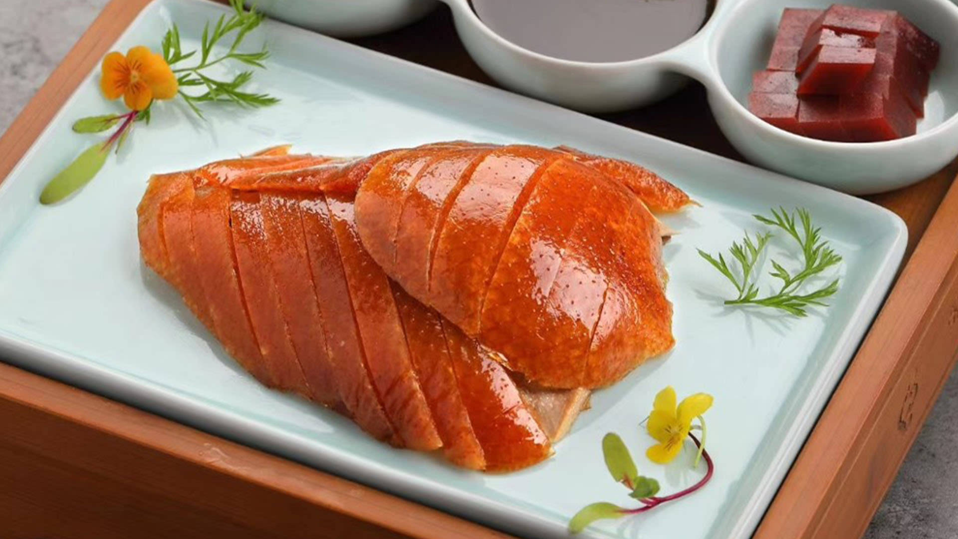 Peking Duck, crisp golden-brown, pale blue plate, Full HD Desktop Wallpaper
